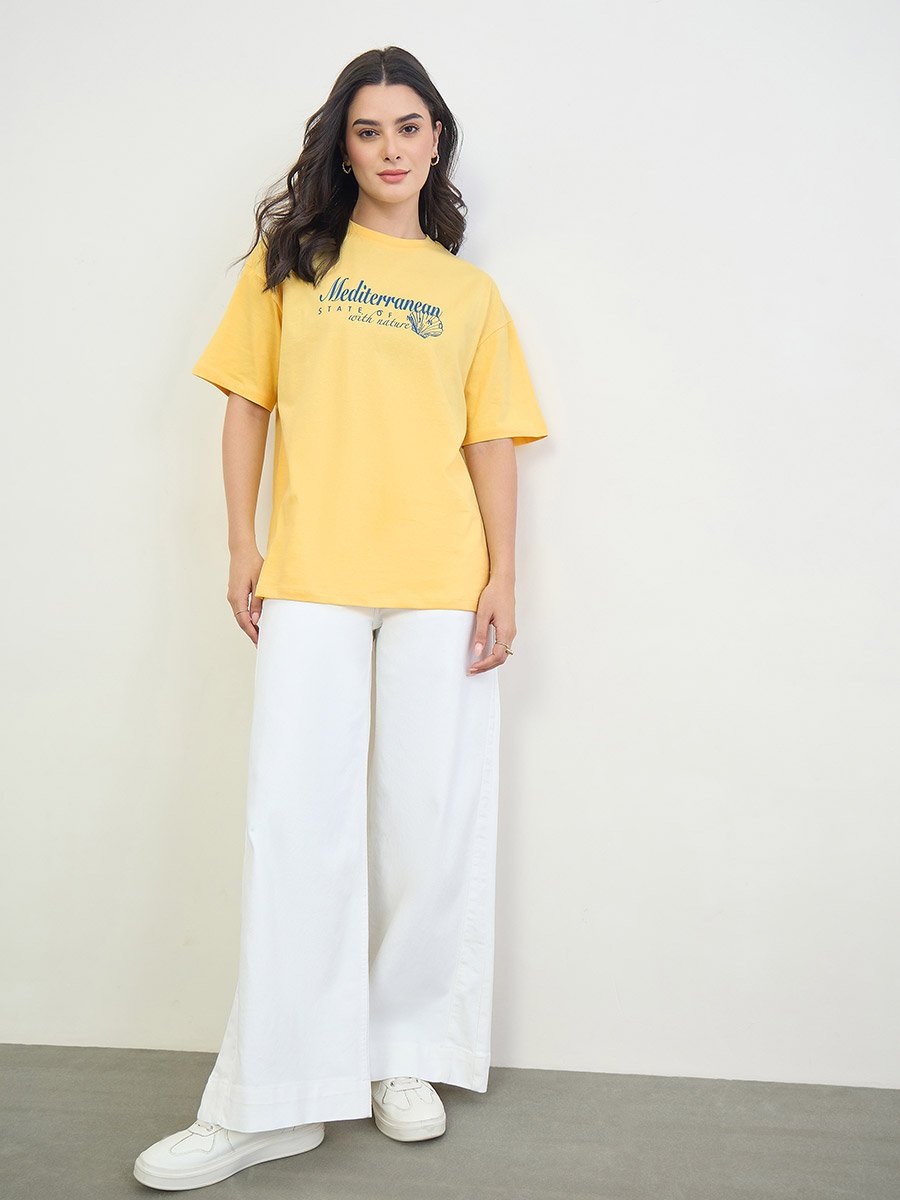 Yellow 100% Cotton Graphic Oversized T-Shirt