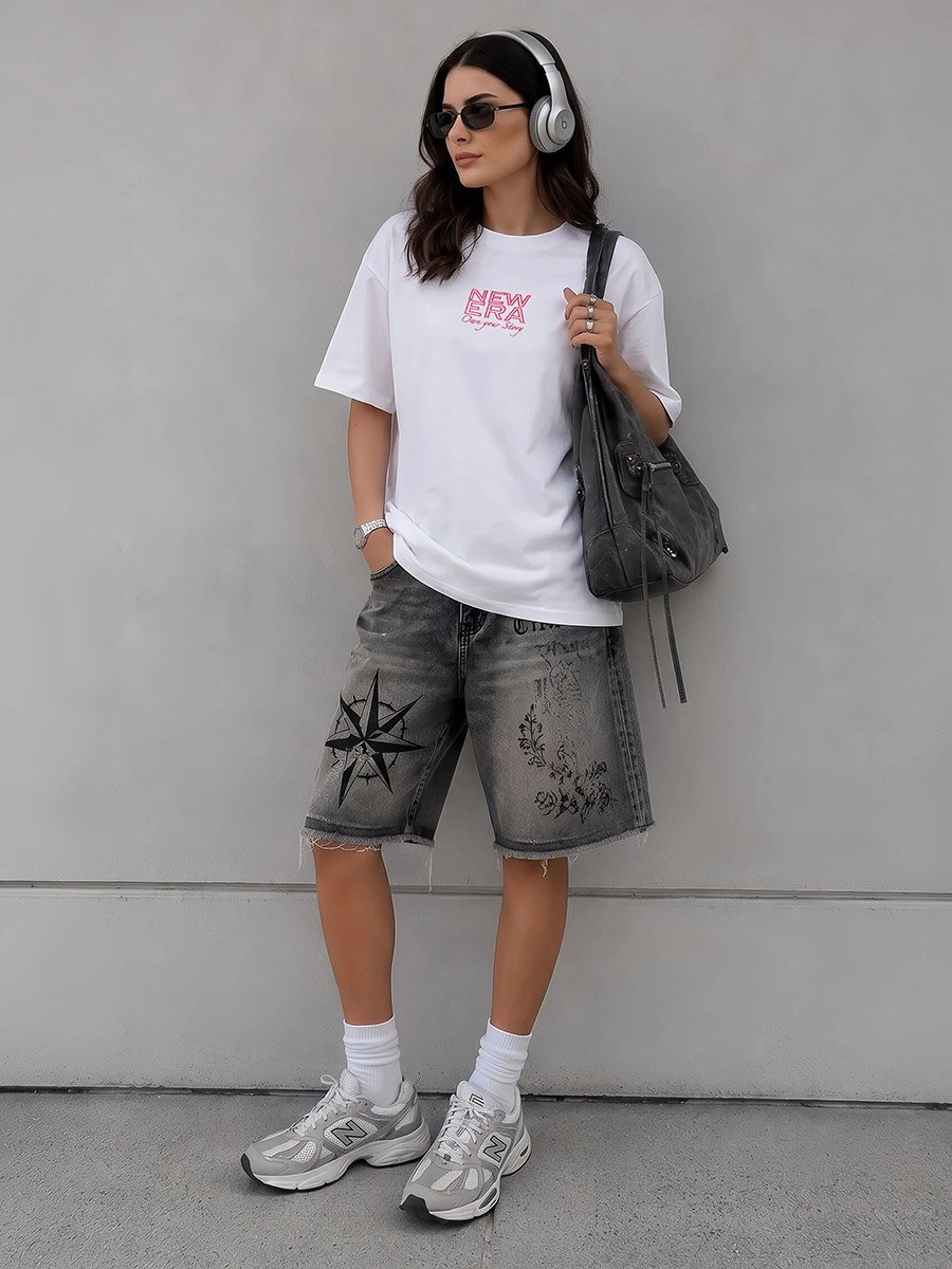 White Embroidered Slogan 100% Cotton Oversized T-Shirt
