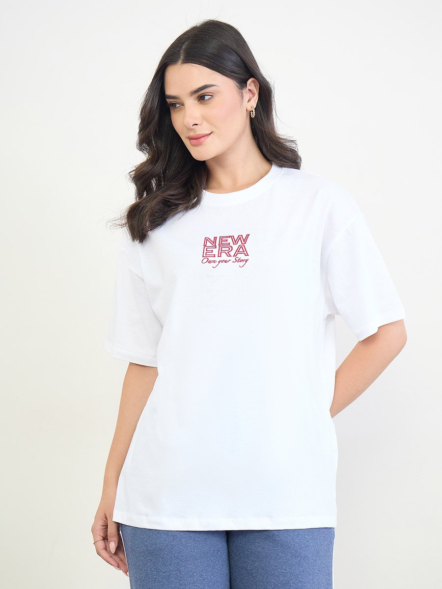 White Embroidered Slogan 100% Cotton Oversized T-Shirt