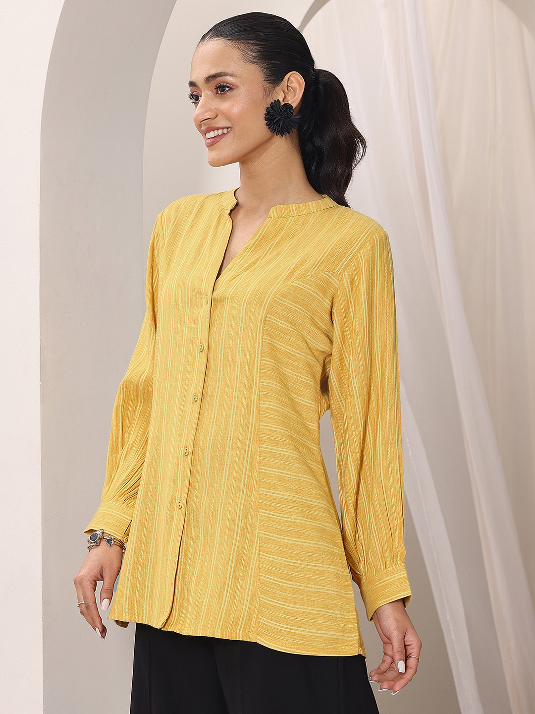 Yellow Printed Cotton Blend Straight Kurti