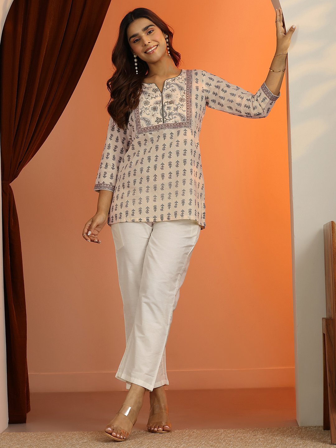 Off White Printed Cotton Straight Kurti