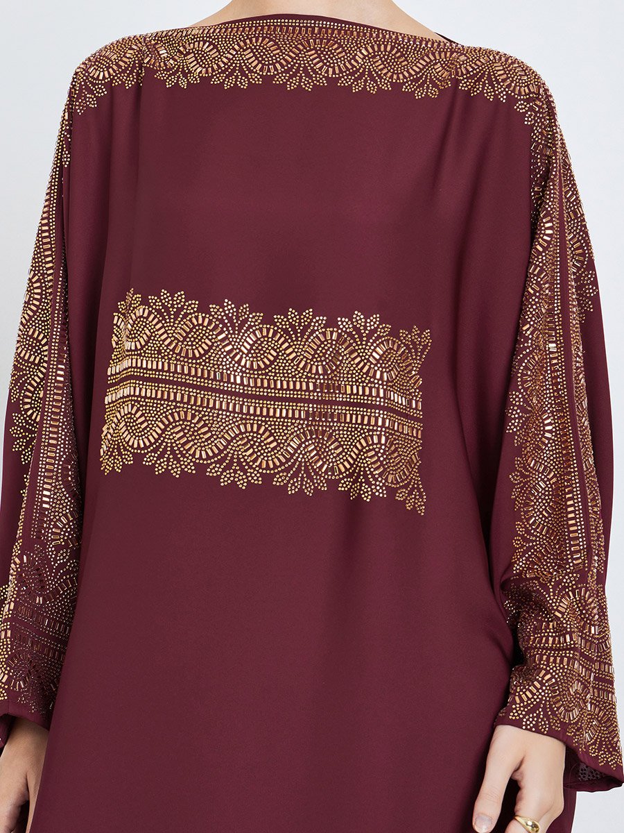 Burgundy Rhinestone Embellishments Jalabiya with Matching Hijab