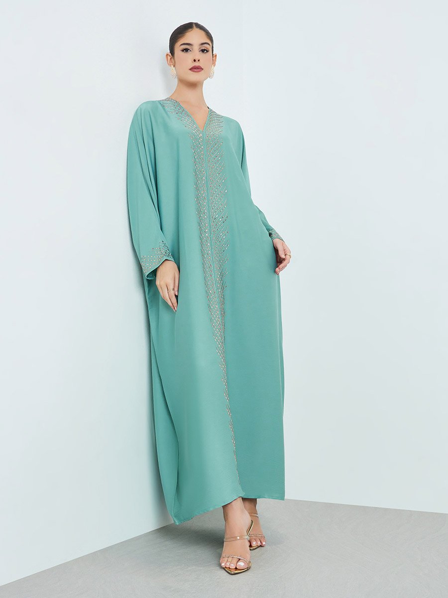 Green Rhinestone Embellishments Jalabiya with Matching Hijab