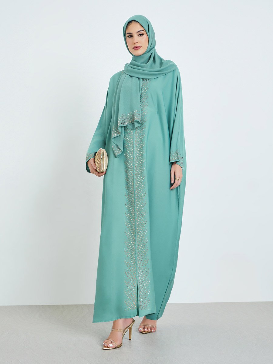 Green Rhinestone Embellishments Jalabiya with Matching Hijab