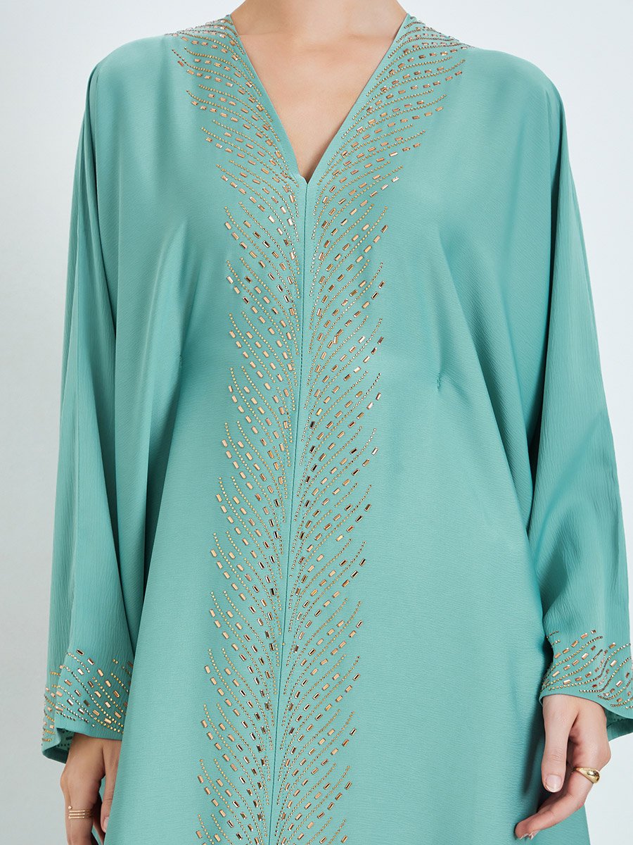 Green Rhinestone Embellishments Jalabiya with Matching Hijab