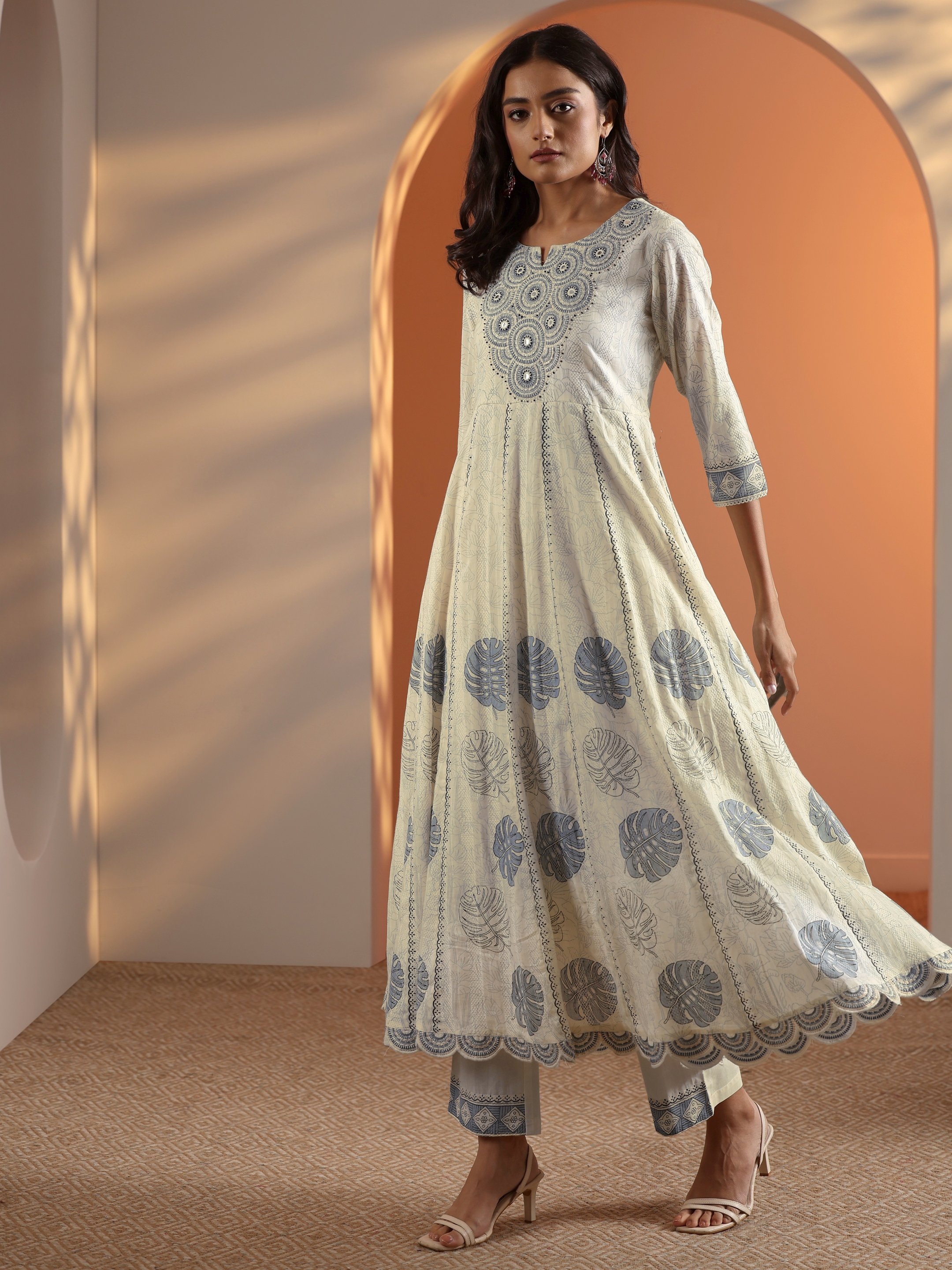 Printed Cotton Anarkali Kurta, Trousers And Dupatta Set