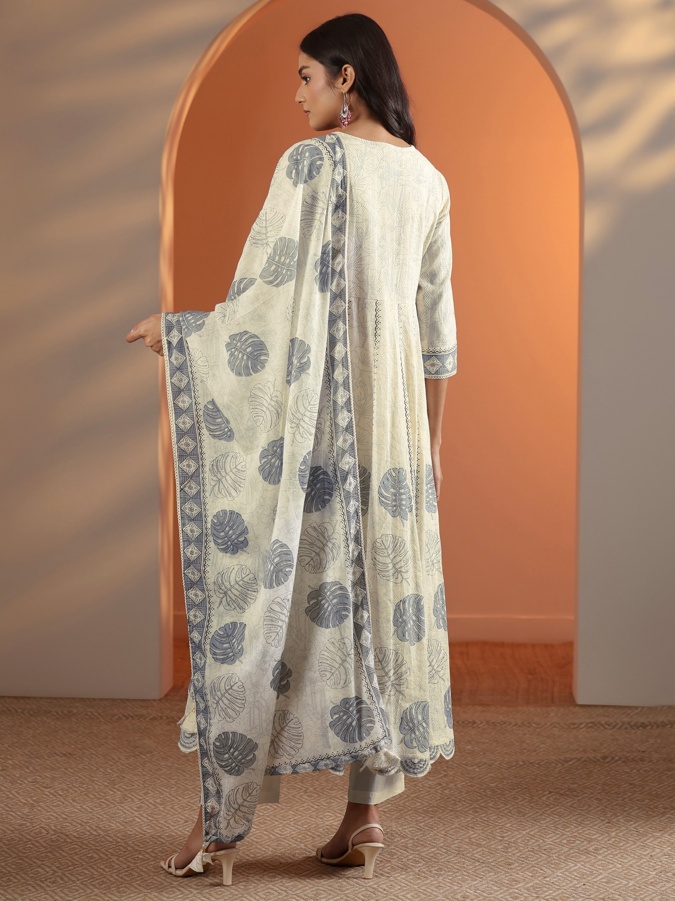 Printed Cotton Anarkali Kurta, Trousers And Dupatta Set