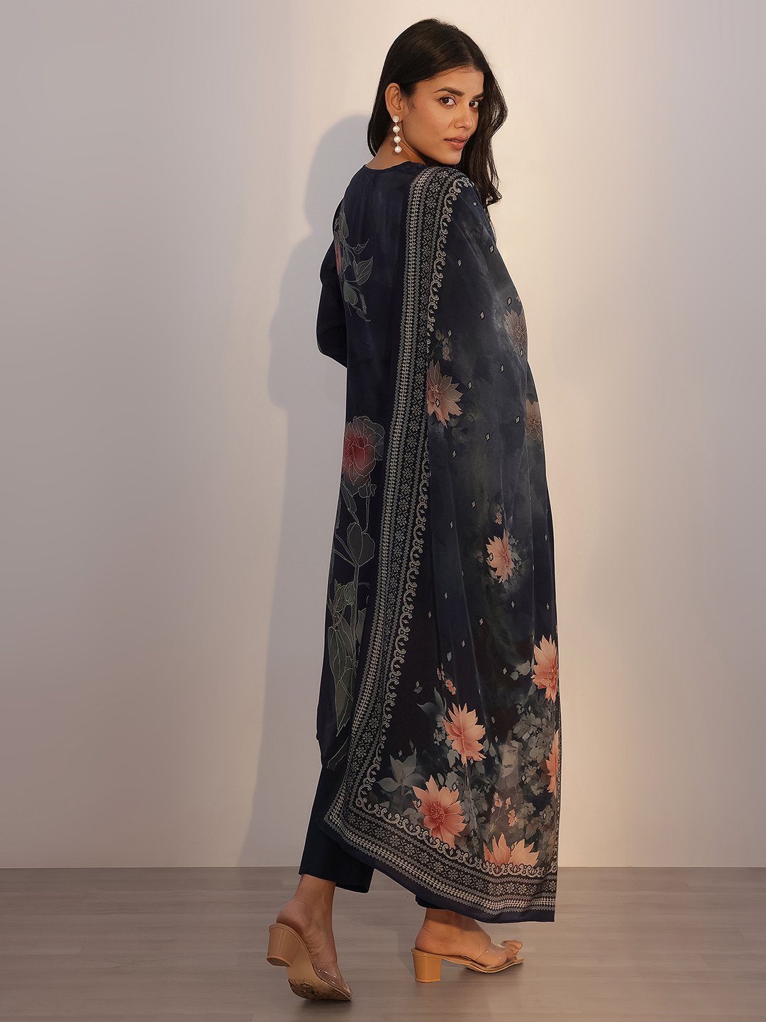 Printed Silk Blend Straight Kurta, Trousers And Dupatta Set