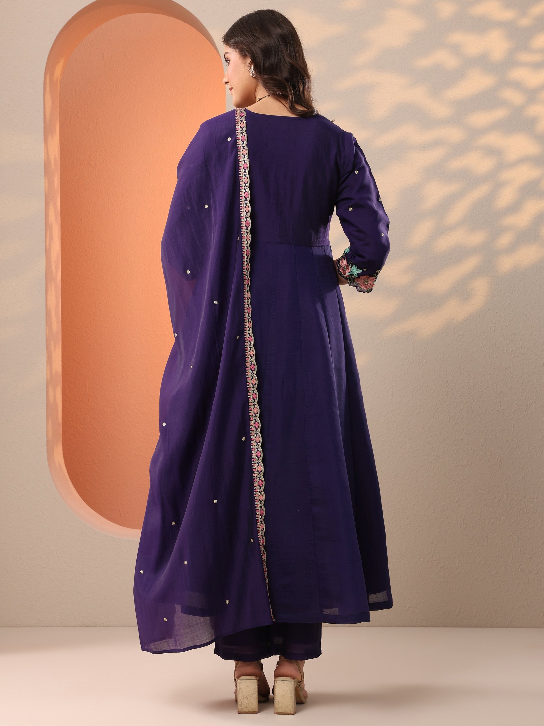 Printed Silk Blend Anarkali Kurta, Trousers And Dupatta Set