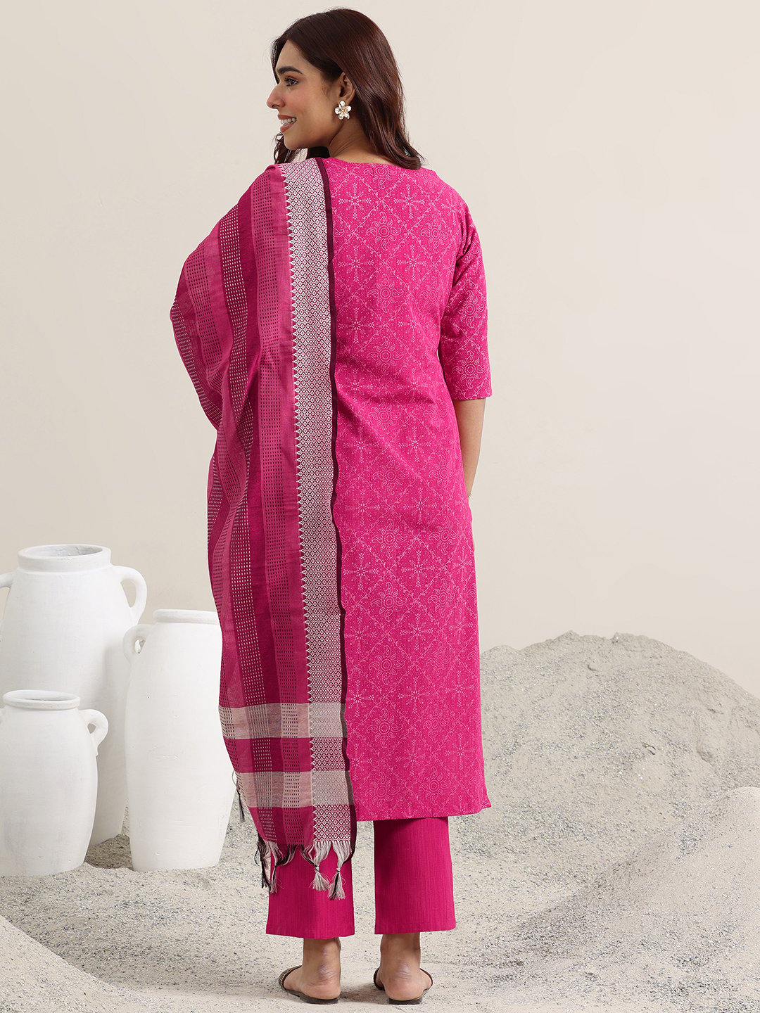 Printed Cotton Blend Straight Kurta, Trousers And Dupatta Set