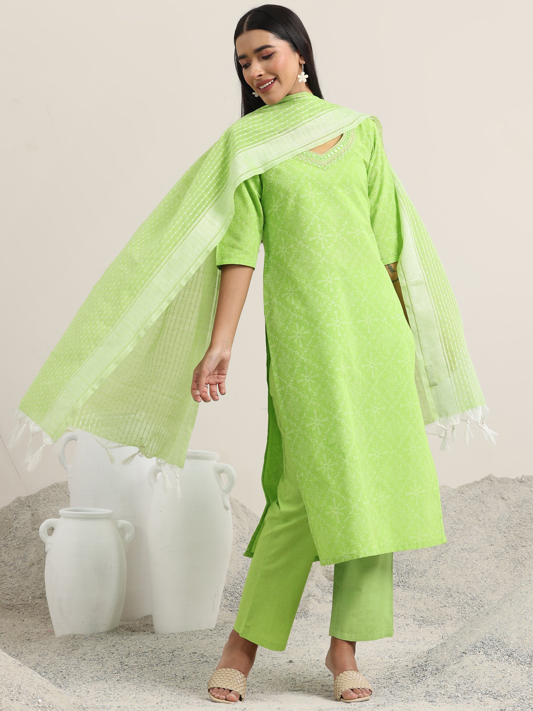 Printed Cotton Blend Straight Kurta, Trousers And Dupatta Set