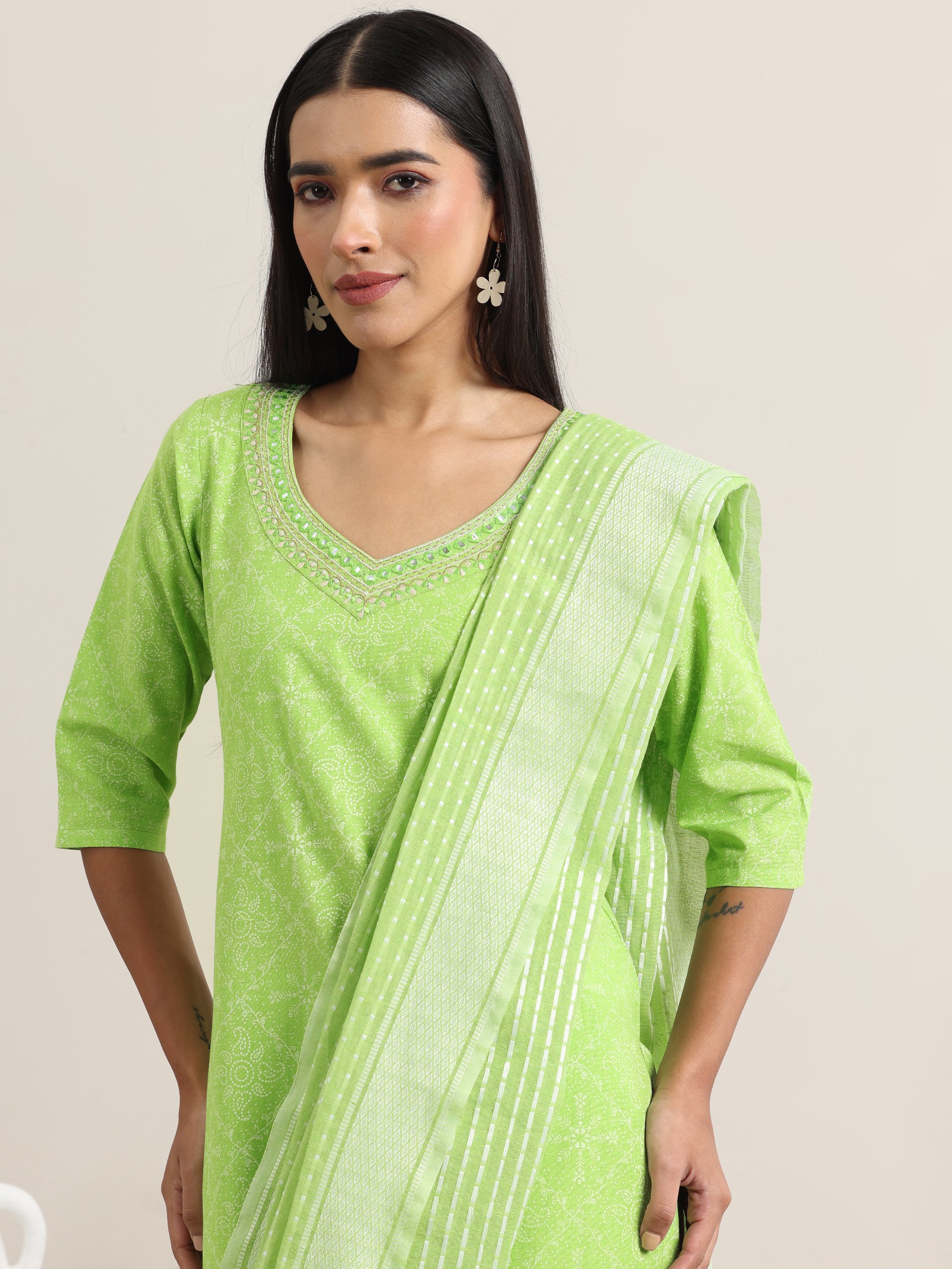 Printed Cotton Blend Straight Kurta, Trousers And Dupatta Set