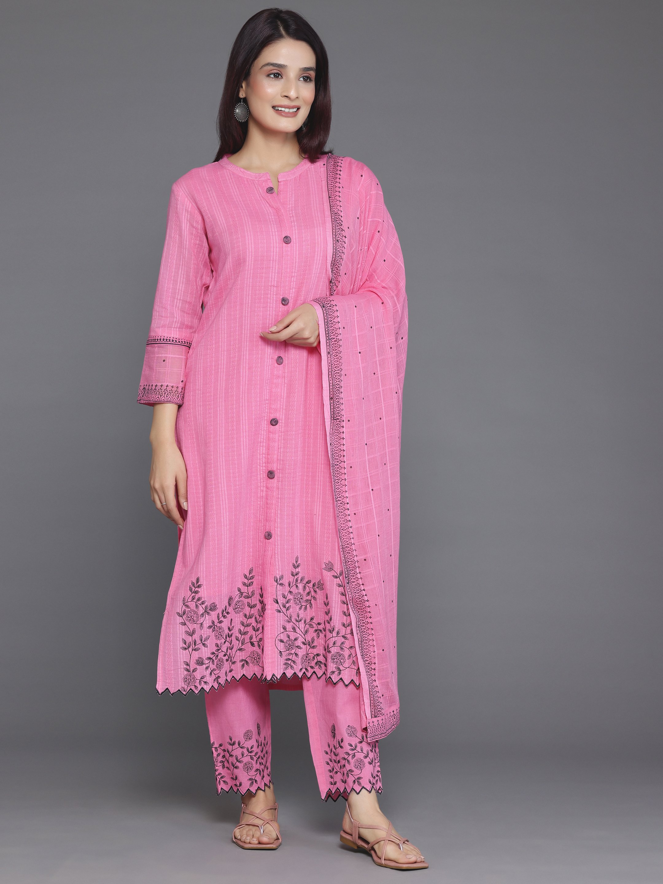 Printed Cotton Straight Kurta, Trousers And Dupatta Set