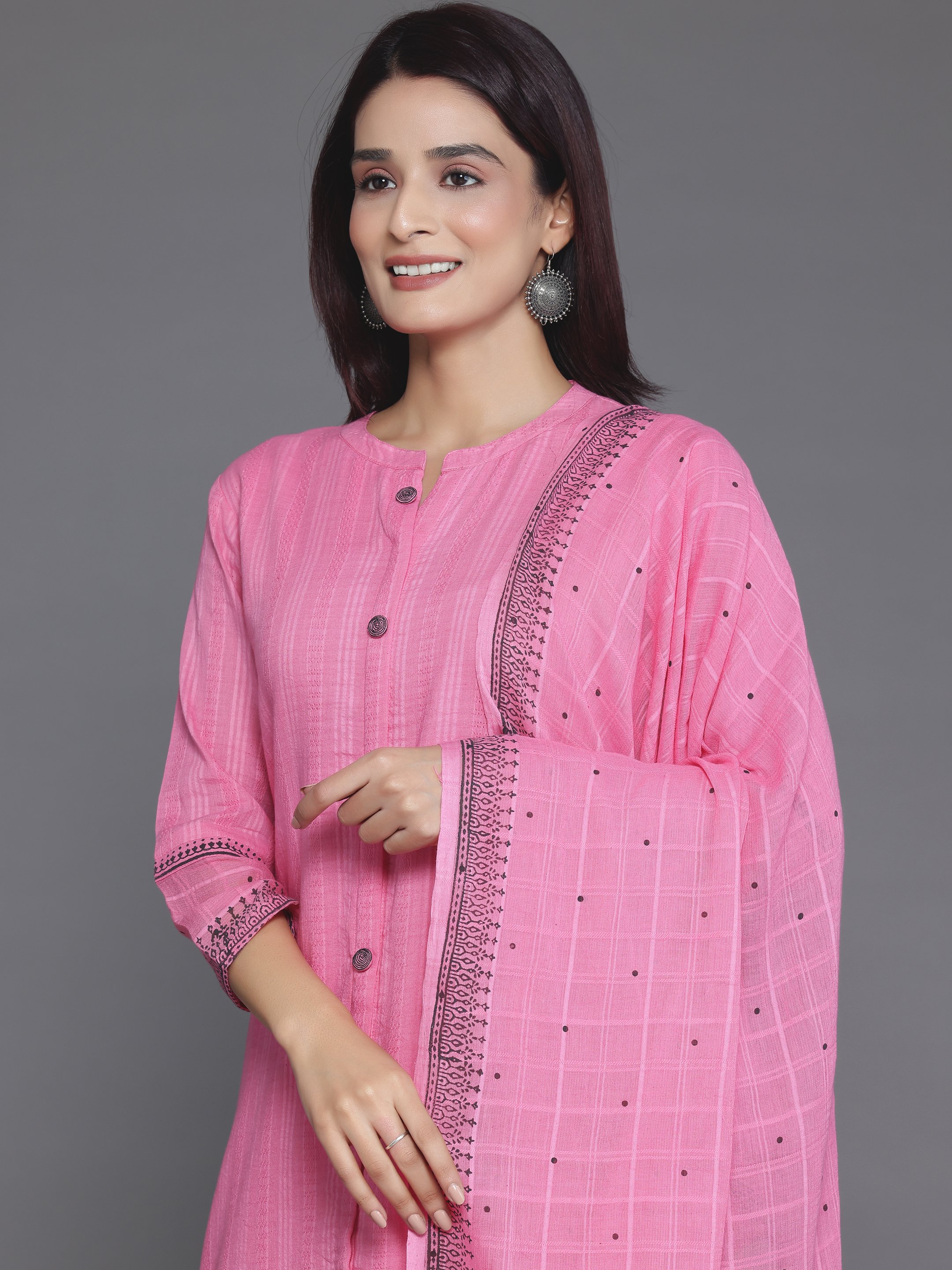 Printed Cotton Straight Kurta, Trousers And Dupatta Set