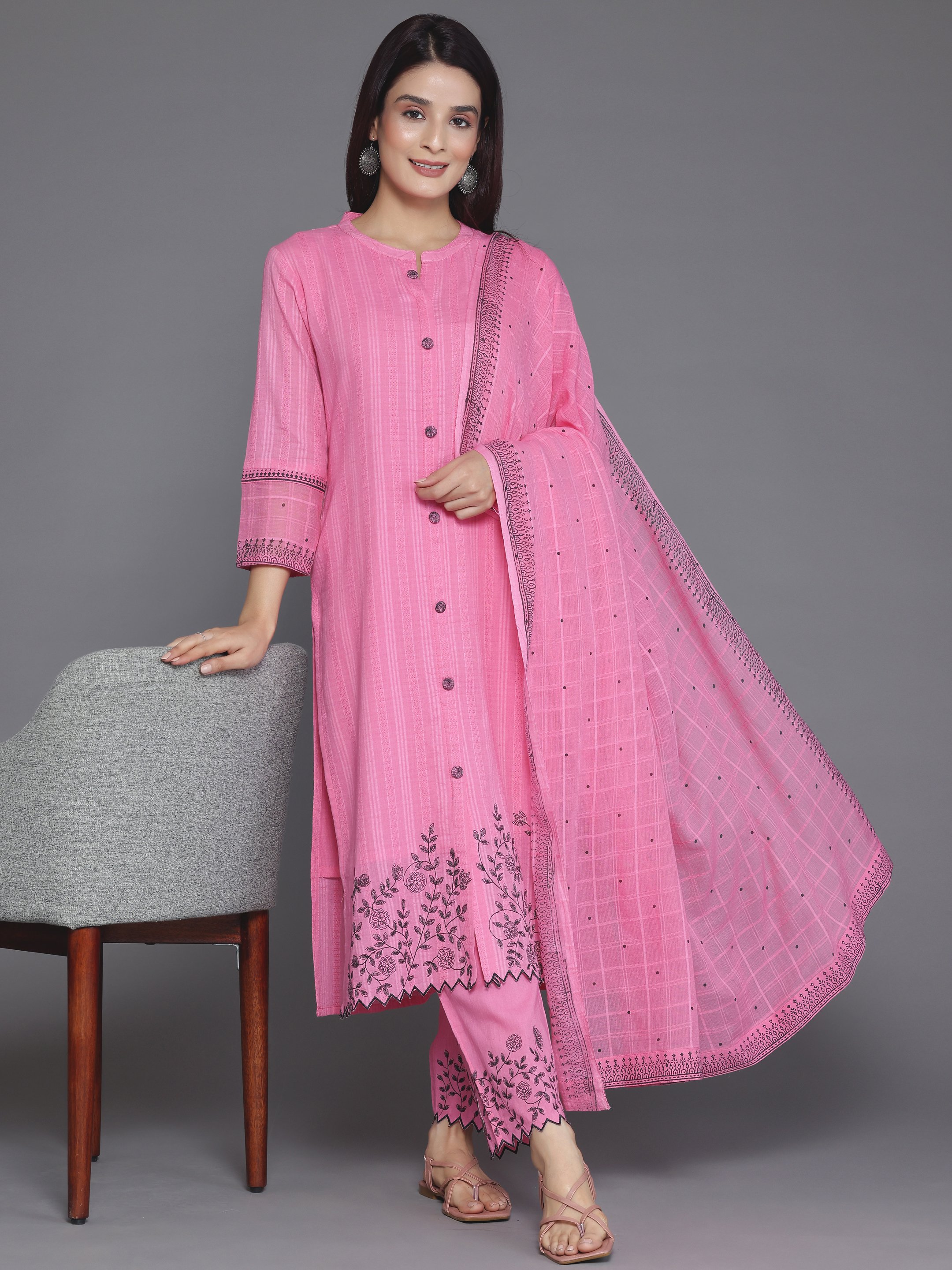 Printed Cotton Straight Kurta, Trousers And Dupatta Set