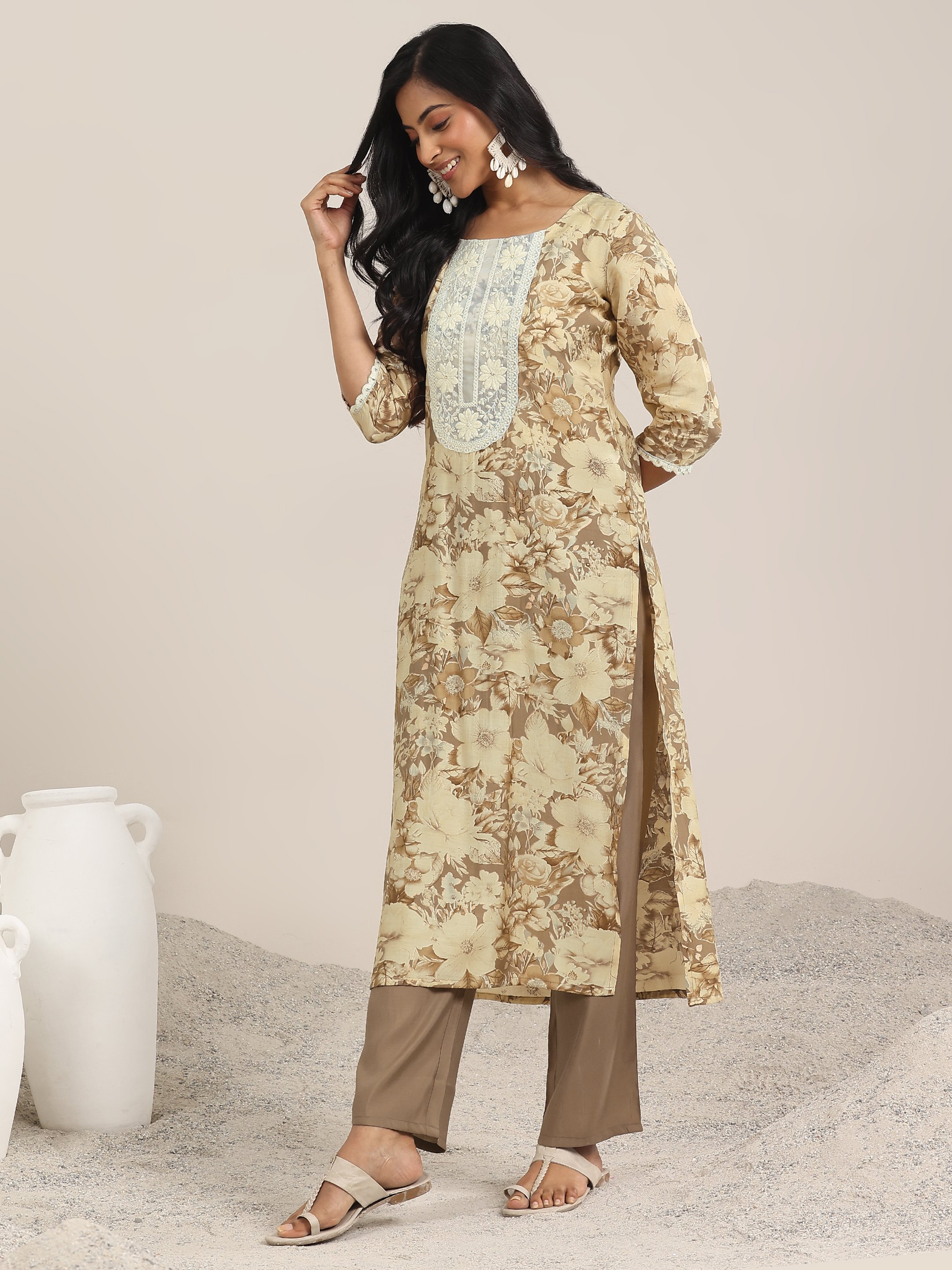Printed Silk Blend Straight Kurta, Palazzos And Dupatta Set
