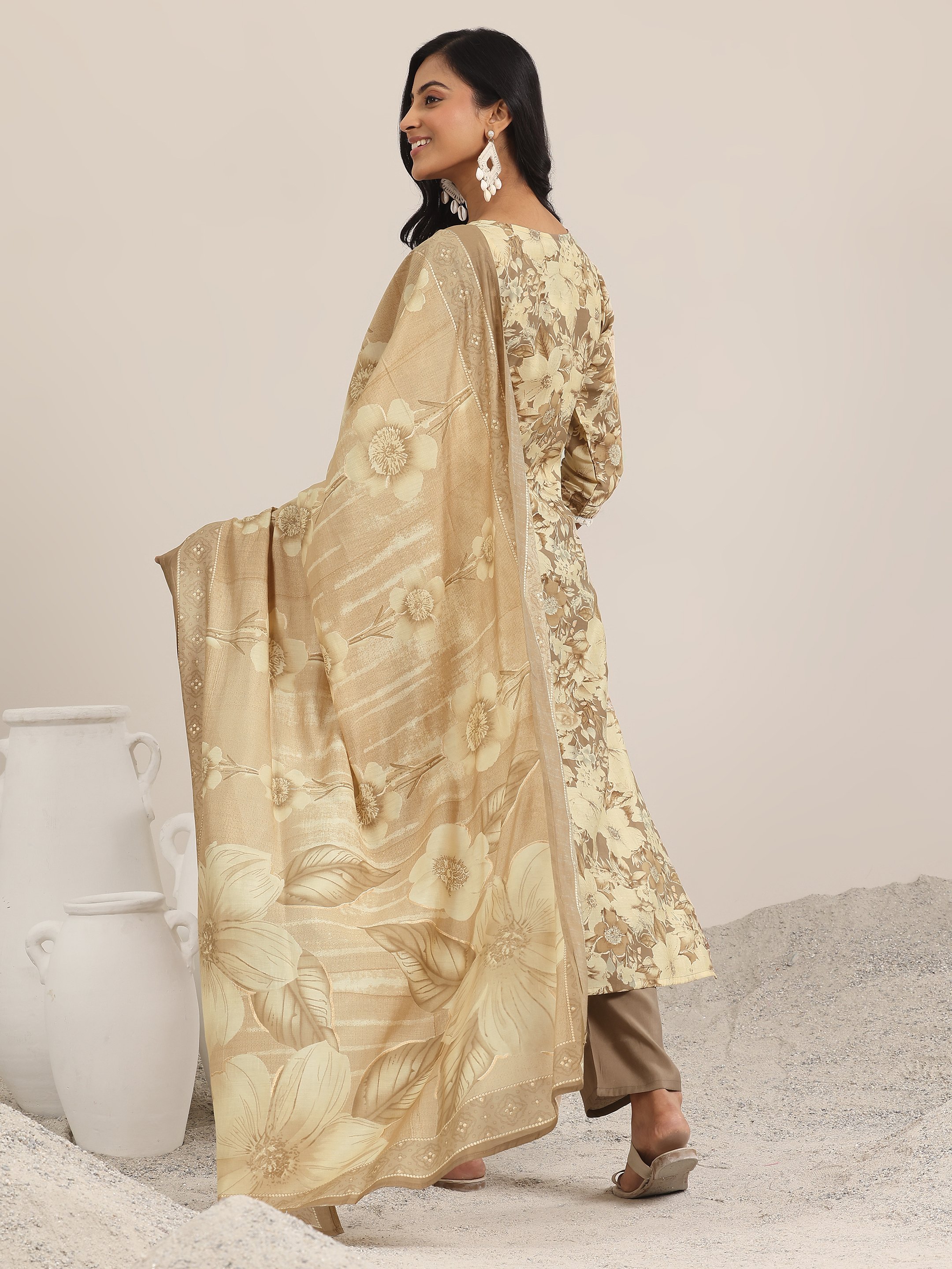 Printed Silk Blend Straight Kurta, Palazzos And Dupatta Set