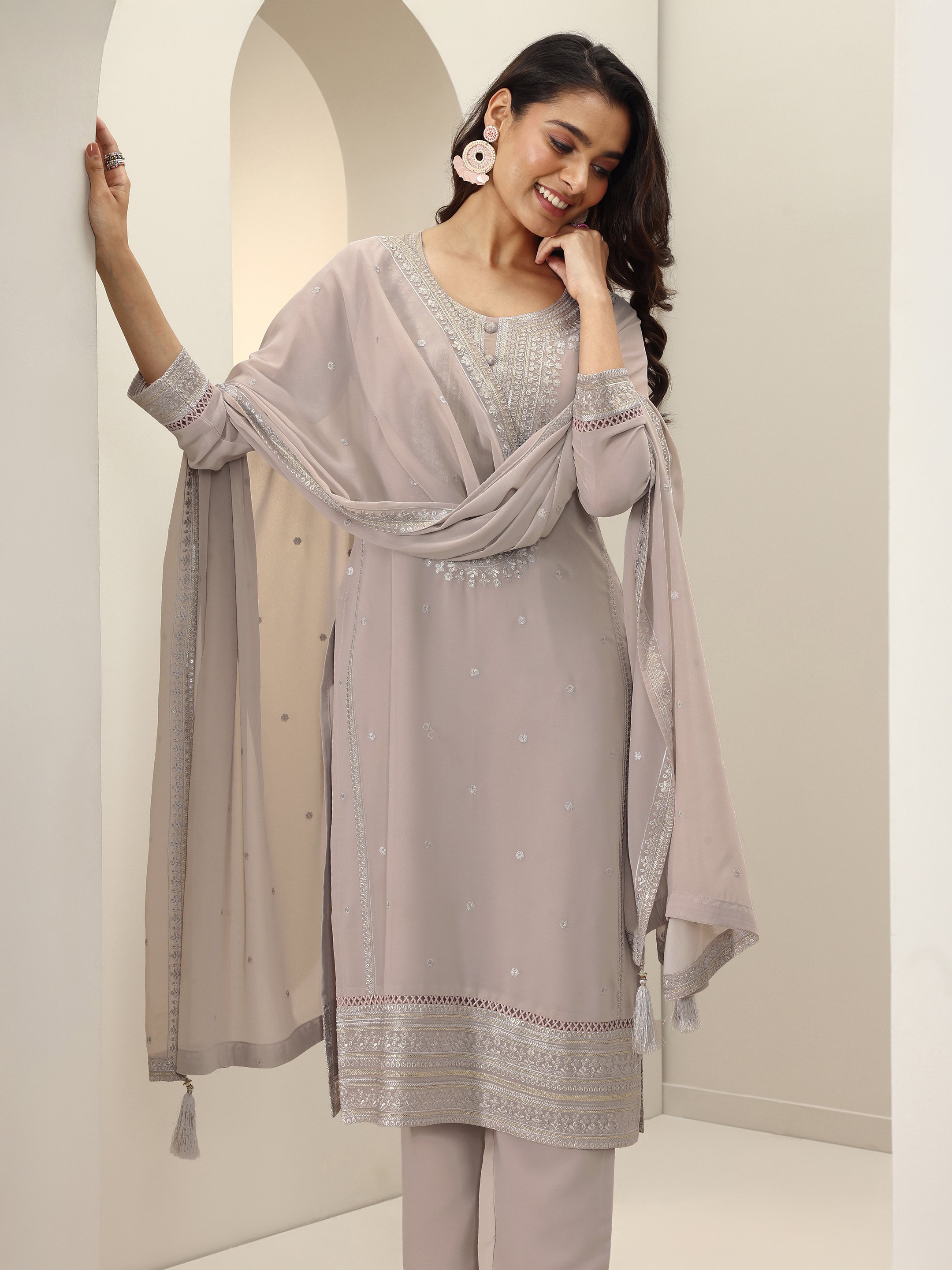 Printed Georgette Straight Kurta, Palazzos And Dupatta Set