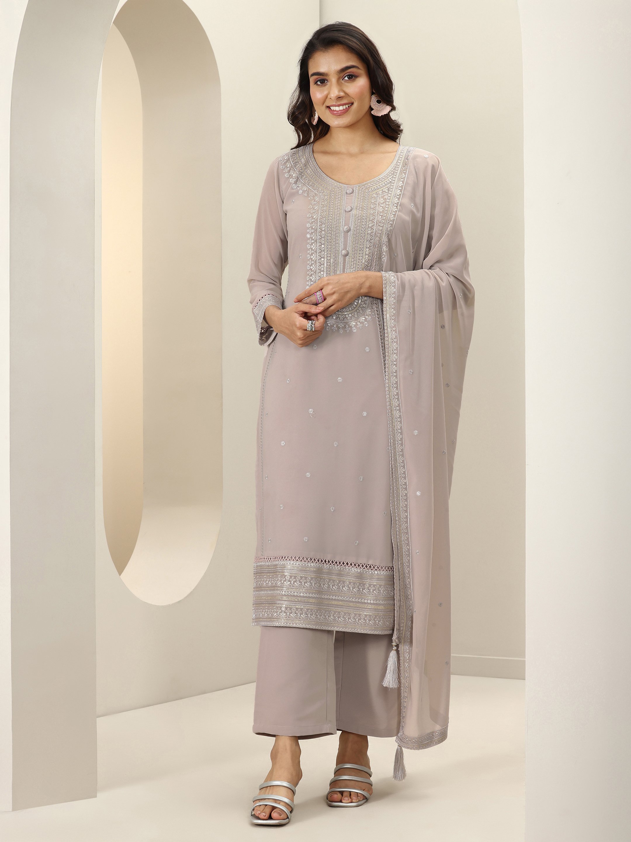 Printed Georgette Straight Kurta, Palazzos And Dupatta Set