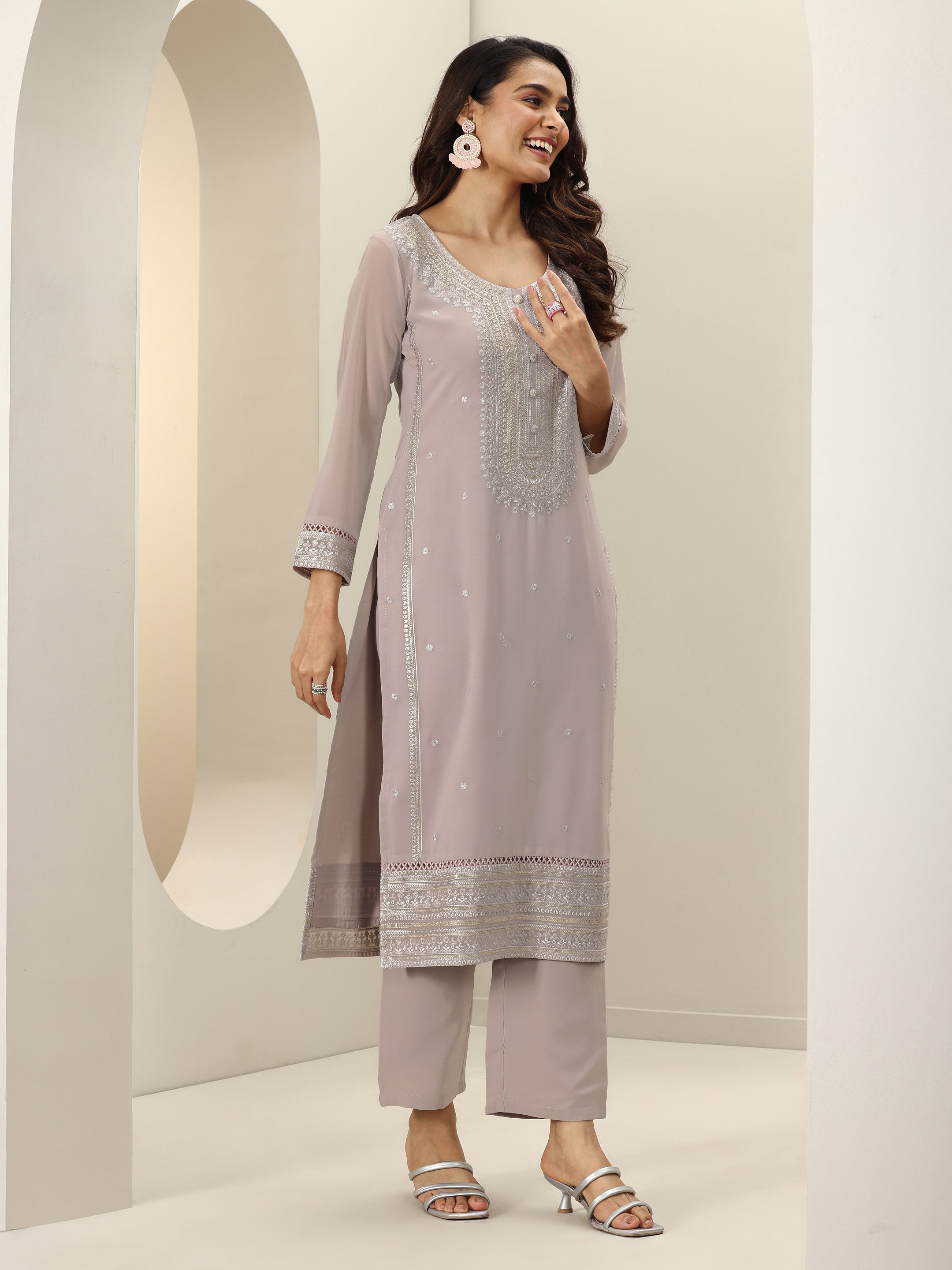 Printed Georgette Straight Kurta, Palazzos And Dupatta Set