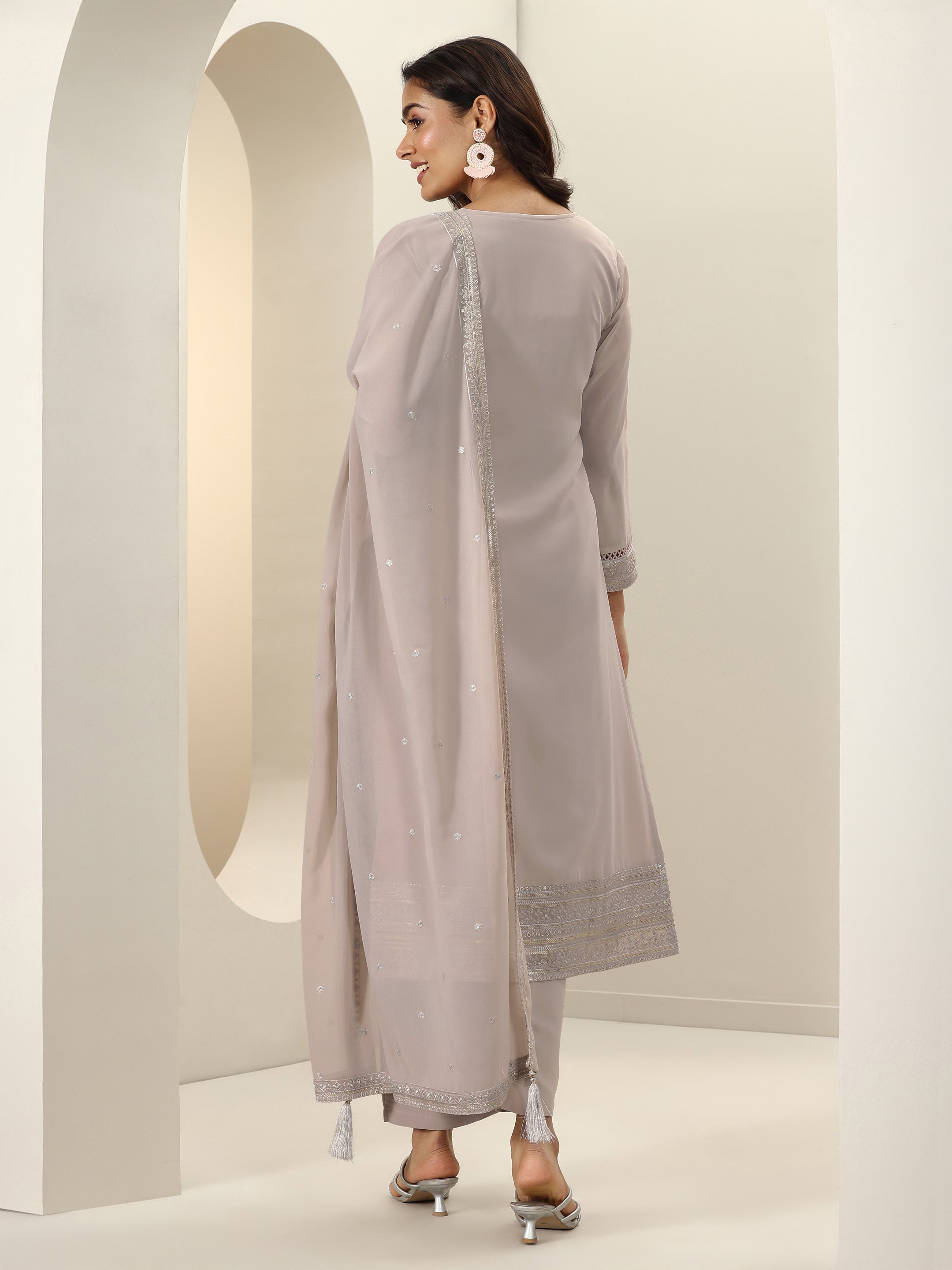 Printed Georgette Straight Kurta, Palazzos And Dupatta Set