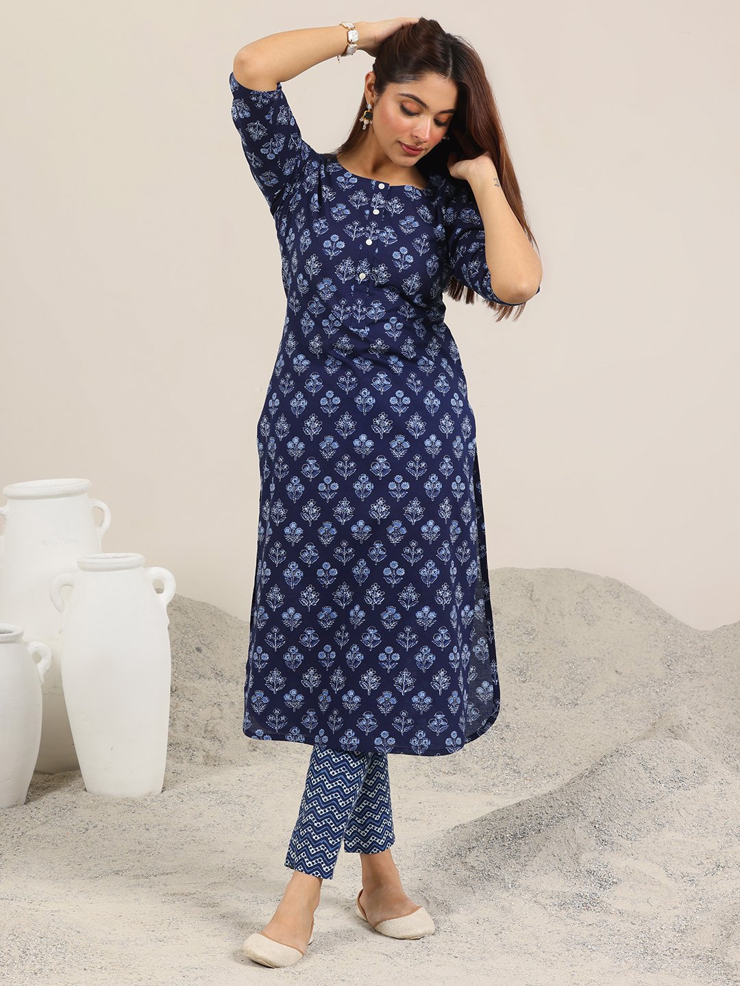 Printed Cotton Straight Kurta and Trousers Co-Ords