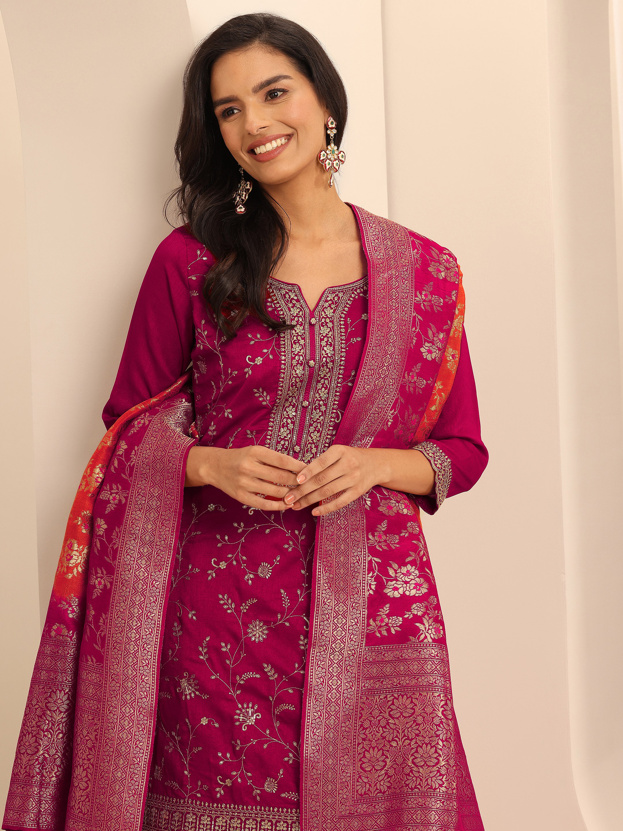 Printed Silk Blend Straight Kurta, Palazzos And Dupatta Set