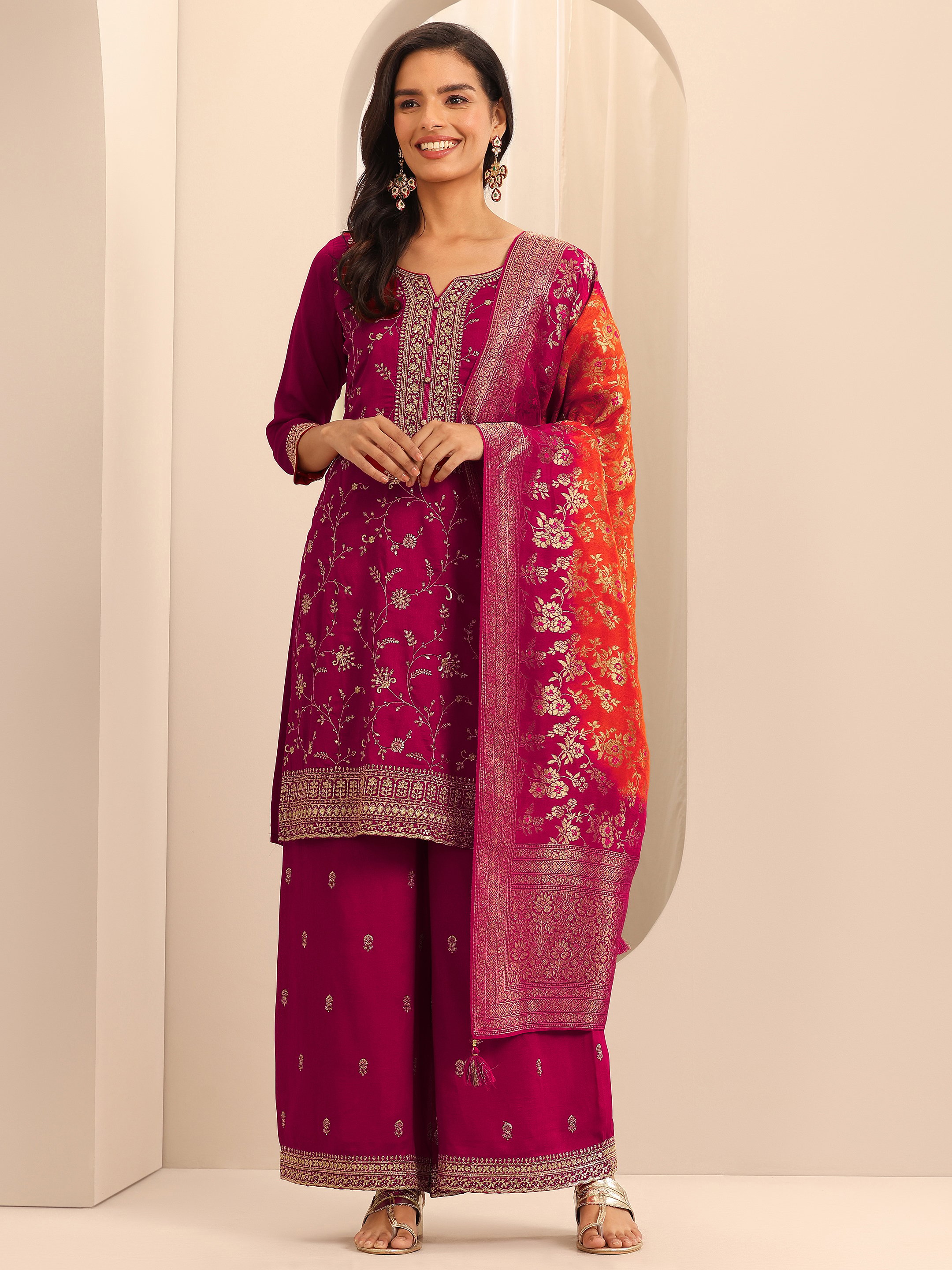 Printed Silk Blend Straight Kurta, Palazzos And Dupatta Set