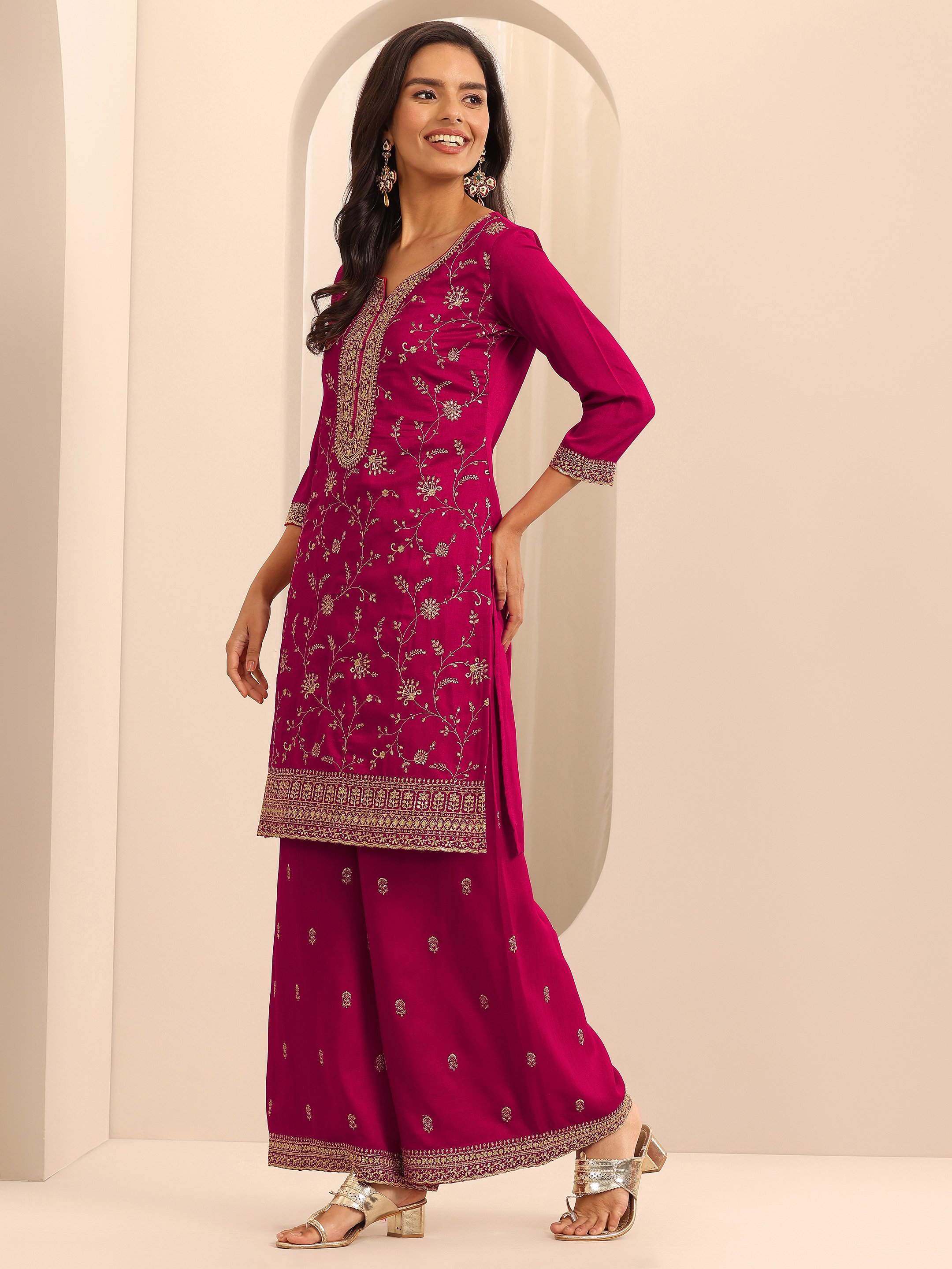 Printed Silk Blend Straight Kurta, Palazzos And Dupatta Set