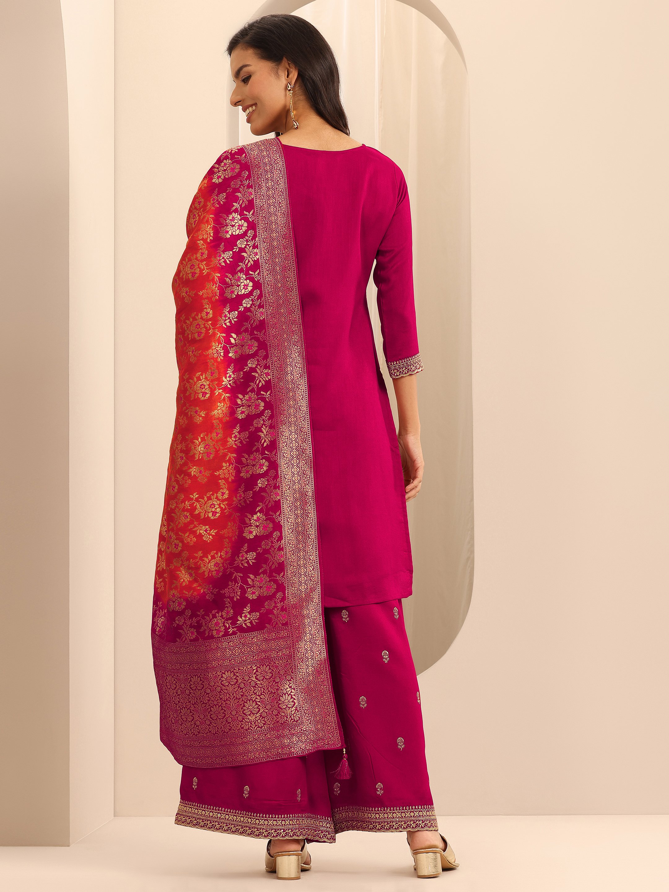 Printed Silk Blend Straight Kurta, Palazzos And Dupatta Set