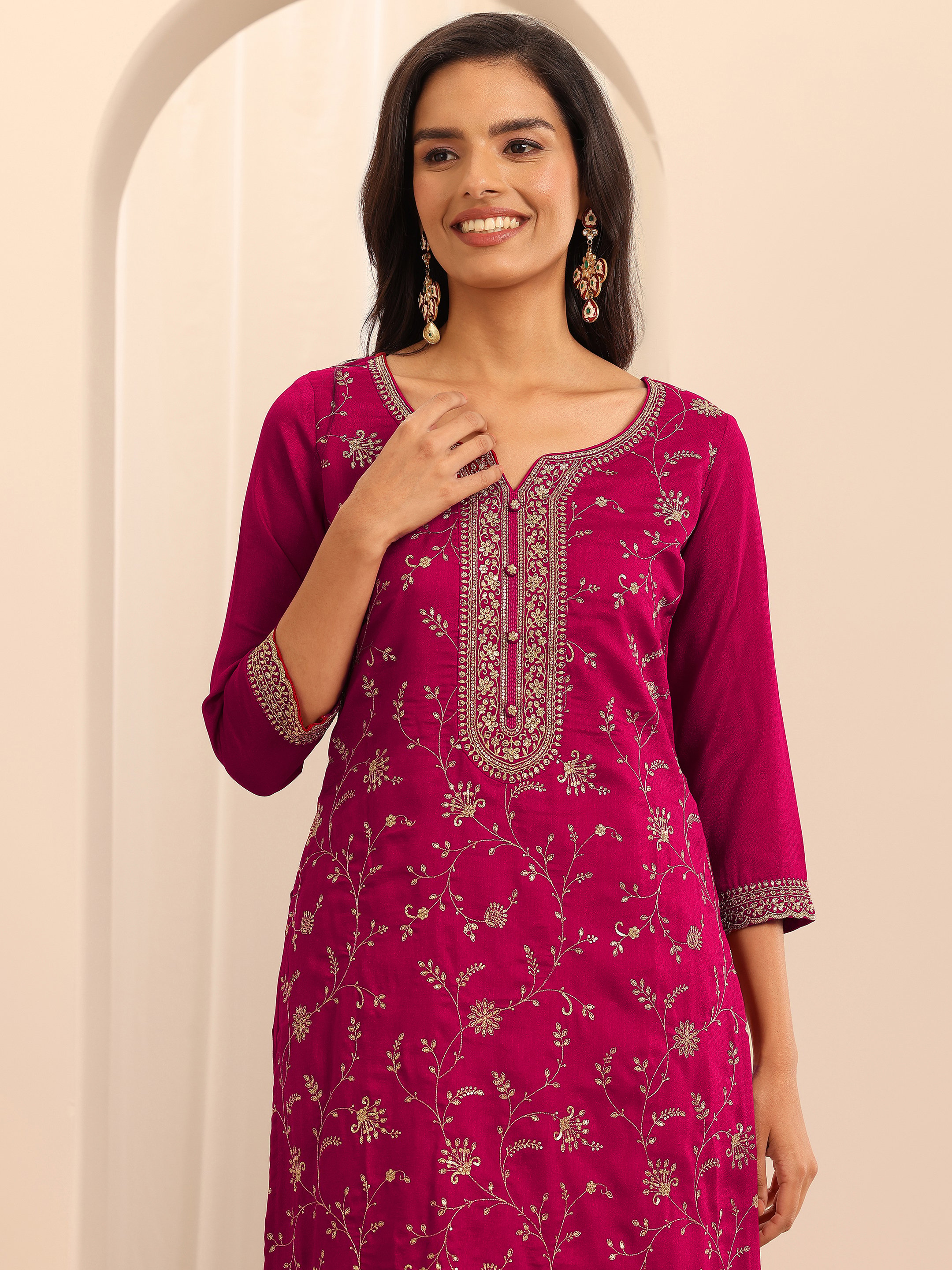 Printed Silk Blend Straight Kurta, Palazzos And Dupatta Set