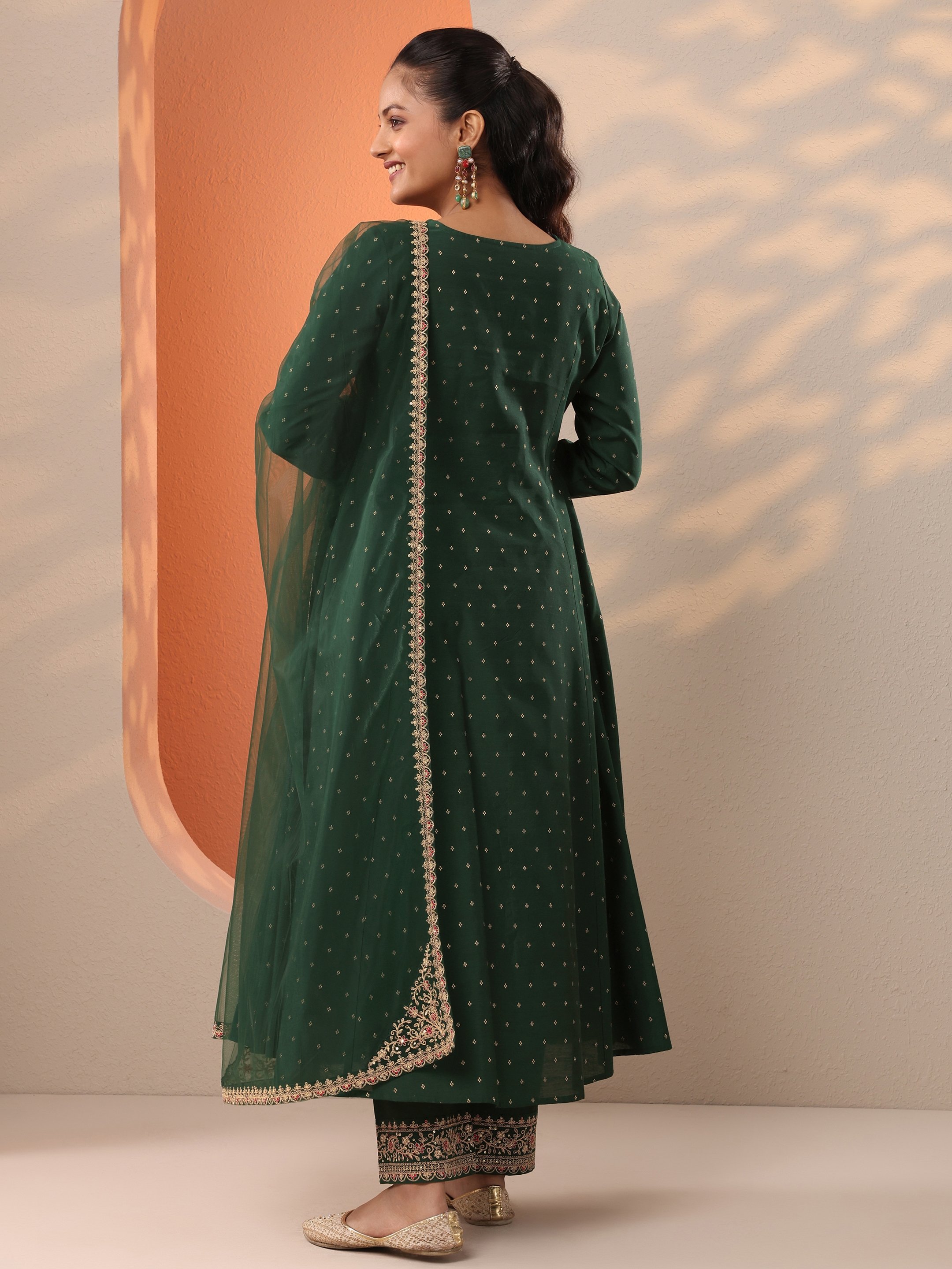 Printed Silk Blend Anarkali Kurta, Trousers And Dupatta Set