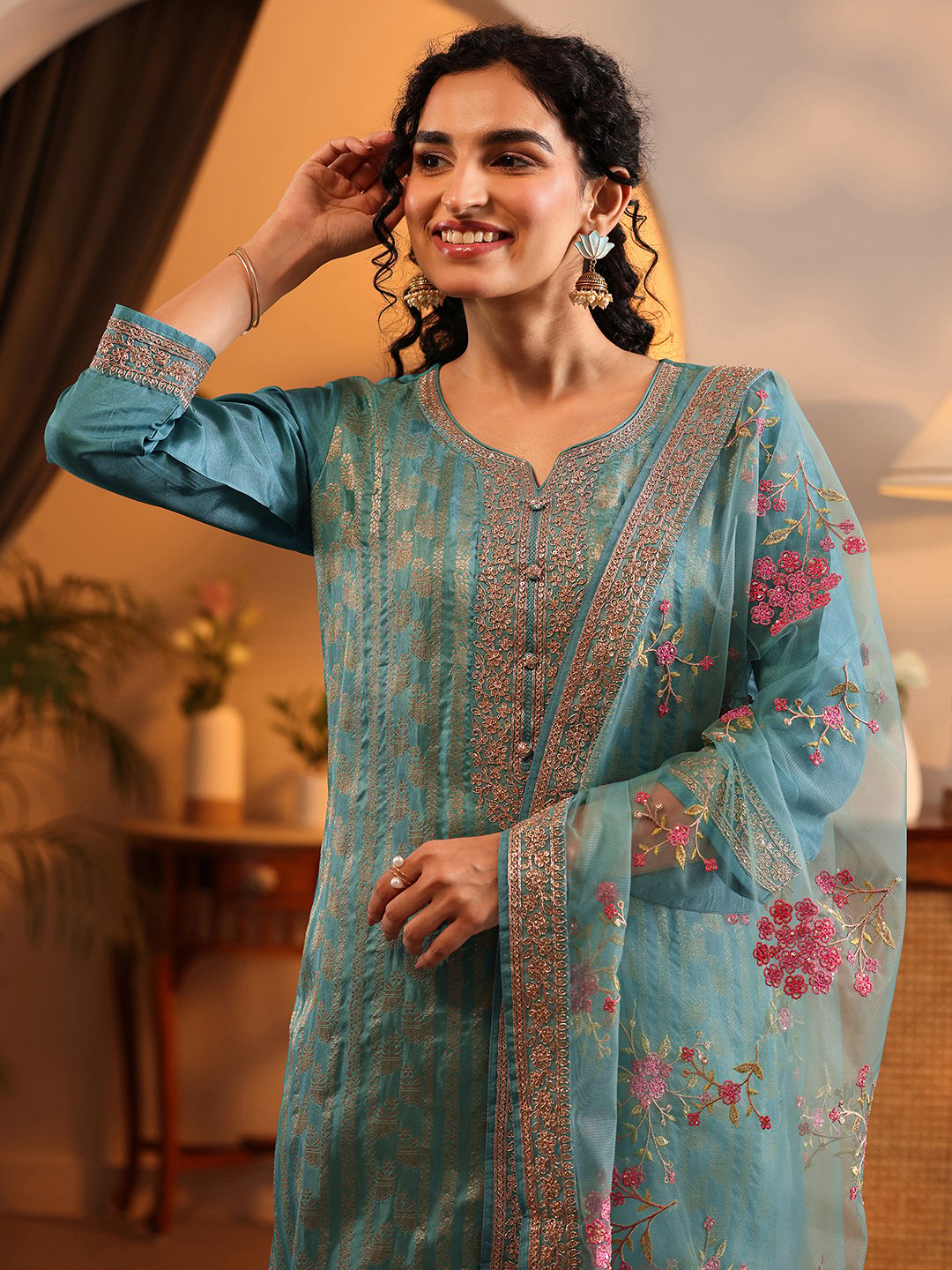Self Design Silk Blend Straight Kurta, Trousers And Dupatta Set