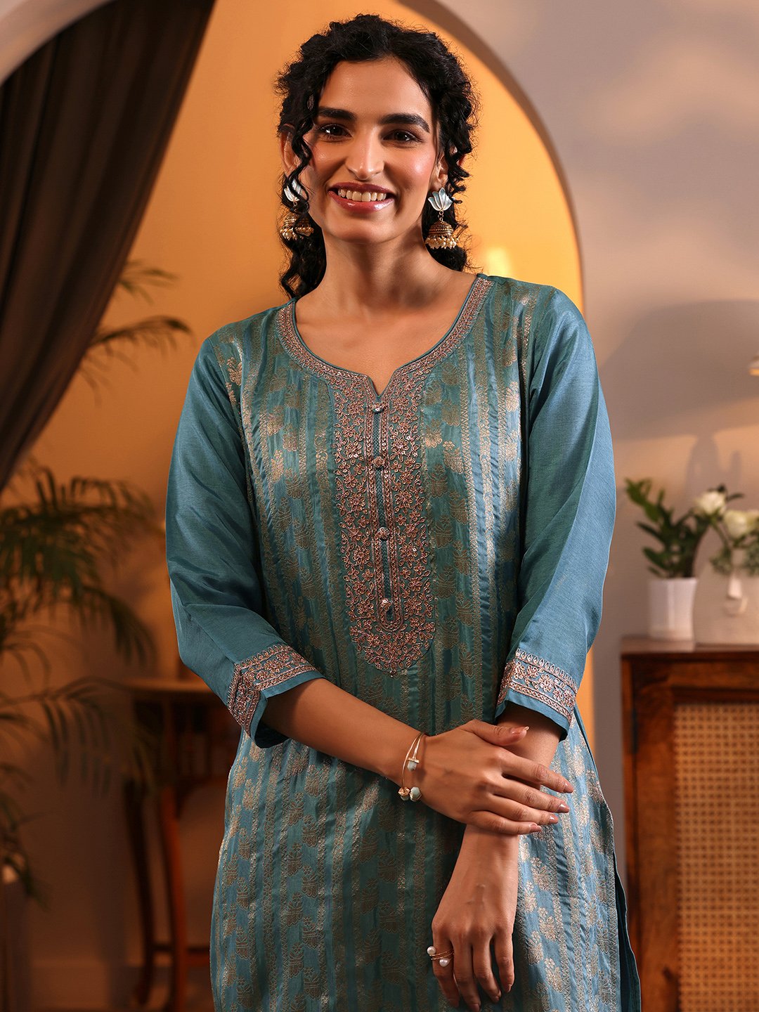 Self Design Silk Blend Straight Kurta, Trousers And Dupatta Set