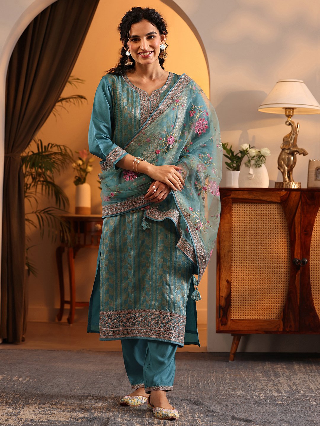Self Design Silk Blend Straight Kurta, Trousers And Dupatta Set