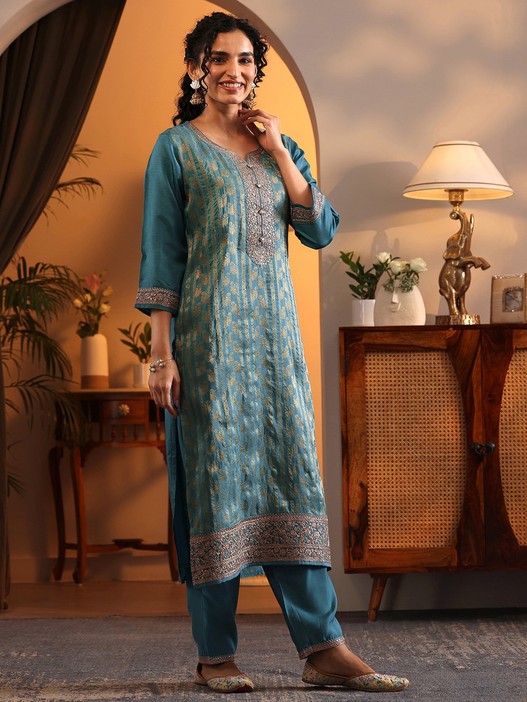 Self Design Silk Blend Straight Kurta, Trousers And Dupatta Set