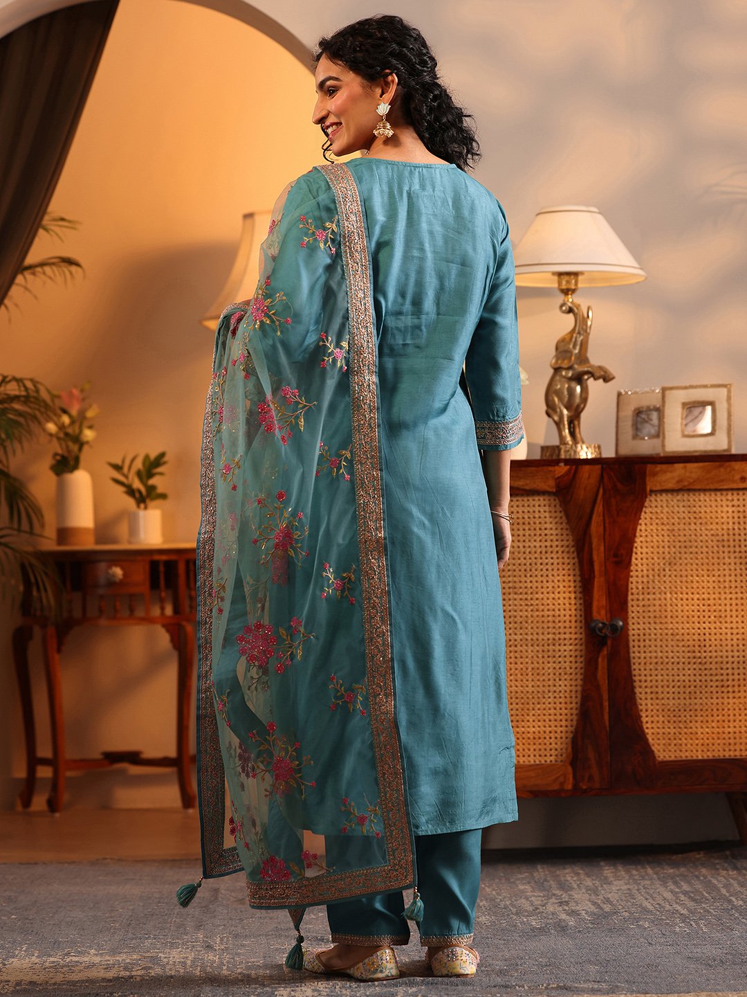 Self Design Silk Blend Straight Kurta, Trousers And Dupatta Set