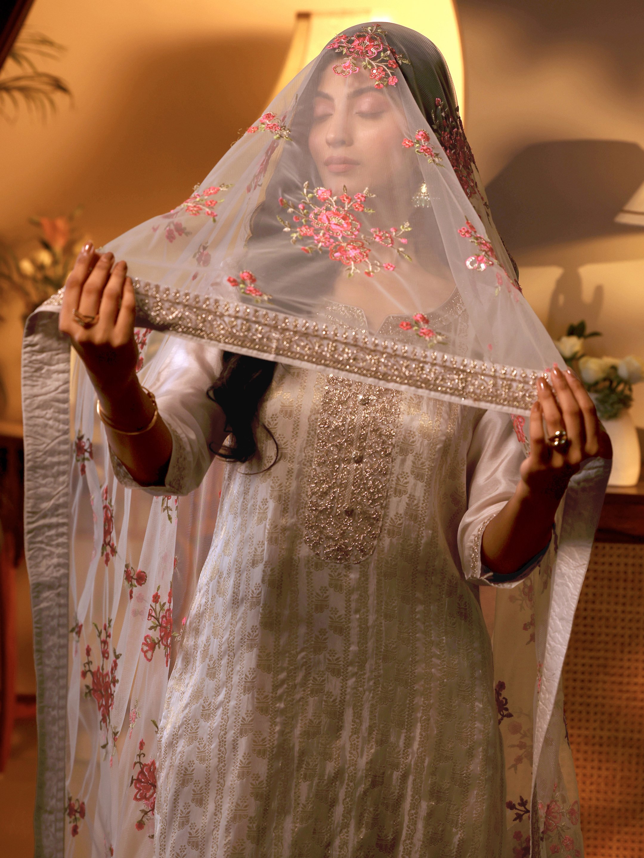 Self Design Silk Blend Straight Kurta, Trousers And Dupatta Set
