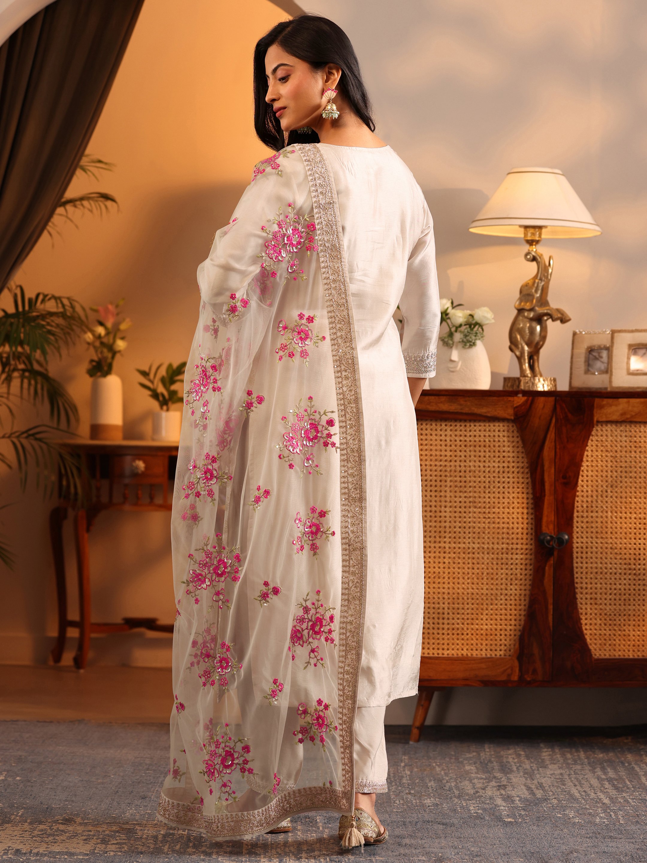 Self Design Silk Blend Straight Kurta, Trousers And Dupatta Set