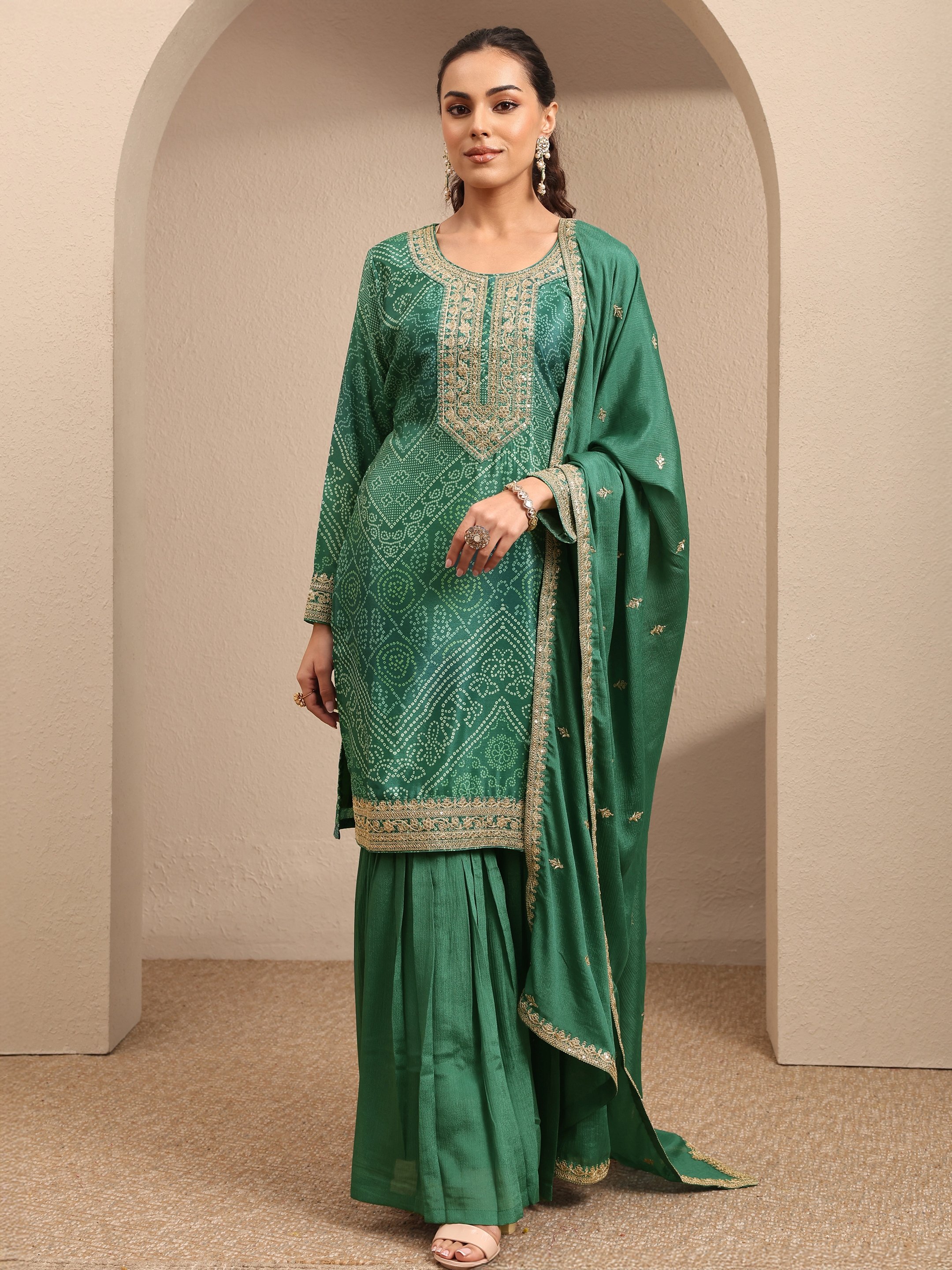 Printed Chinon Straight Kurta, Sharara And Dupatta Set