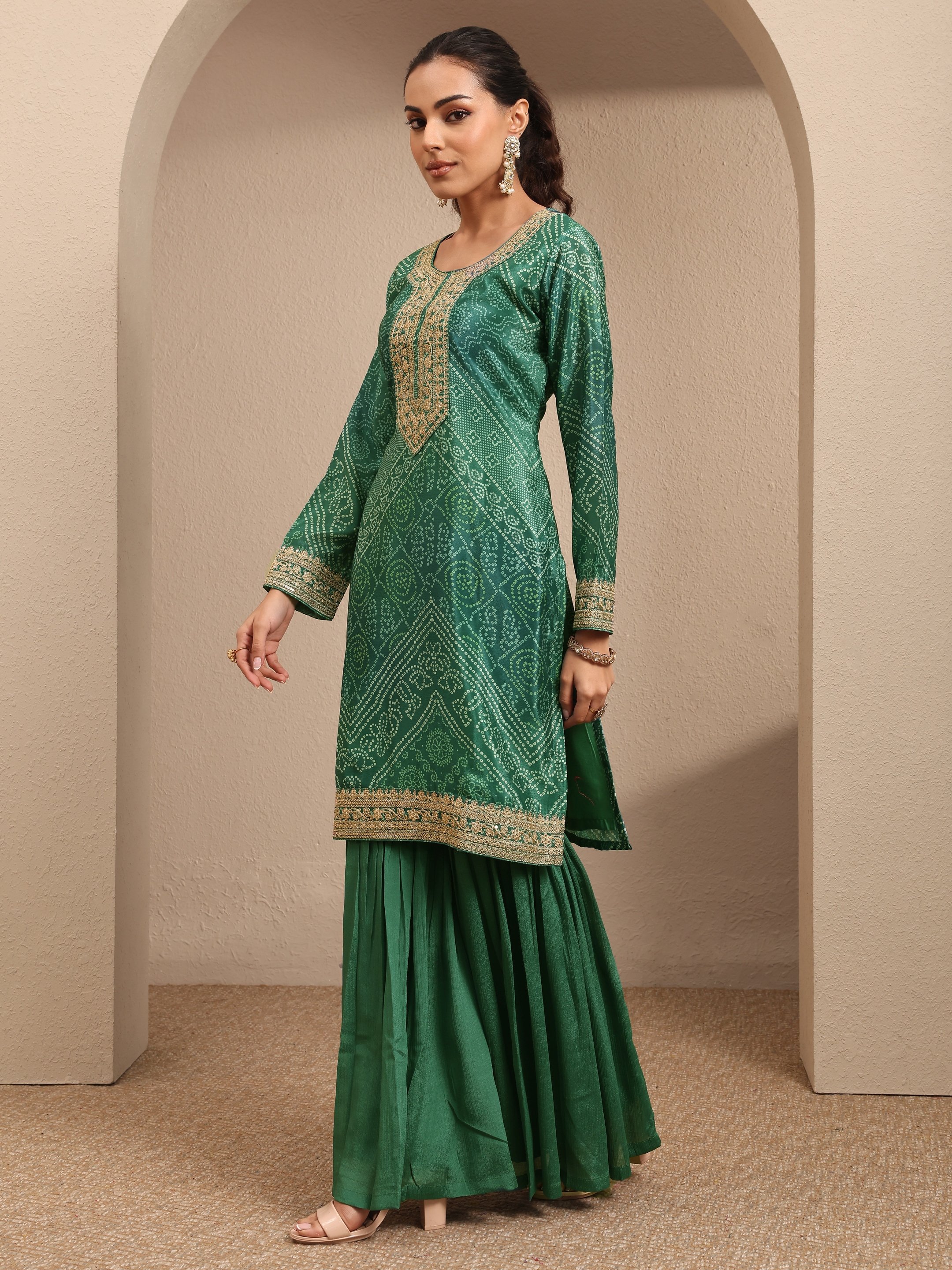 Printed Chinon Straight Kurta, Sharara And Dupatta Set