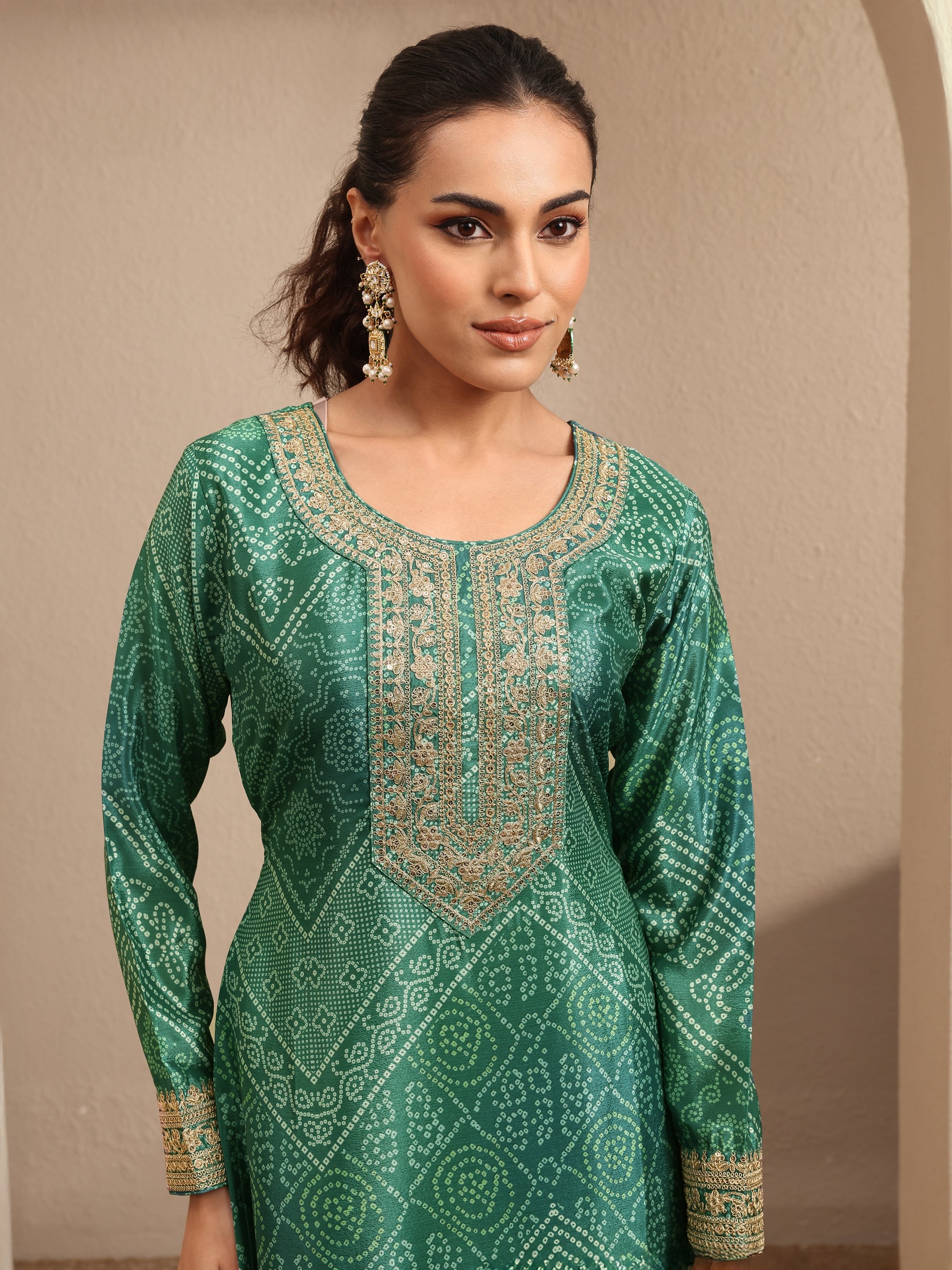 Printed Chinon Straight Kurta, Sharara And Dupatta Set