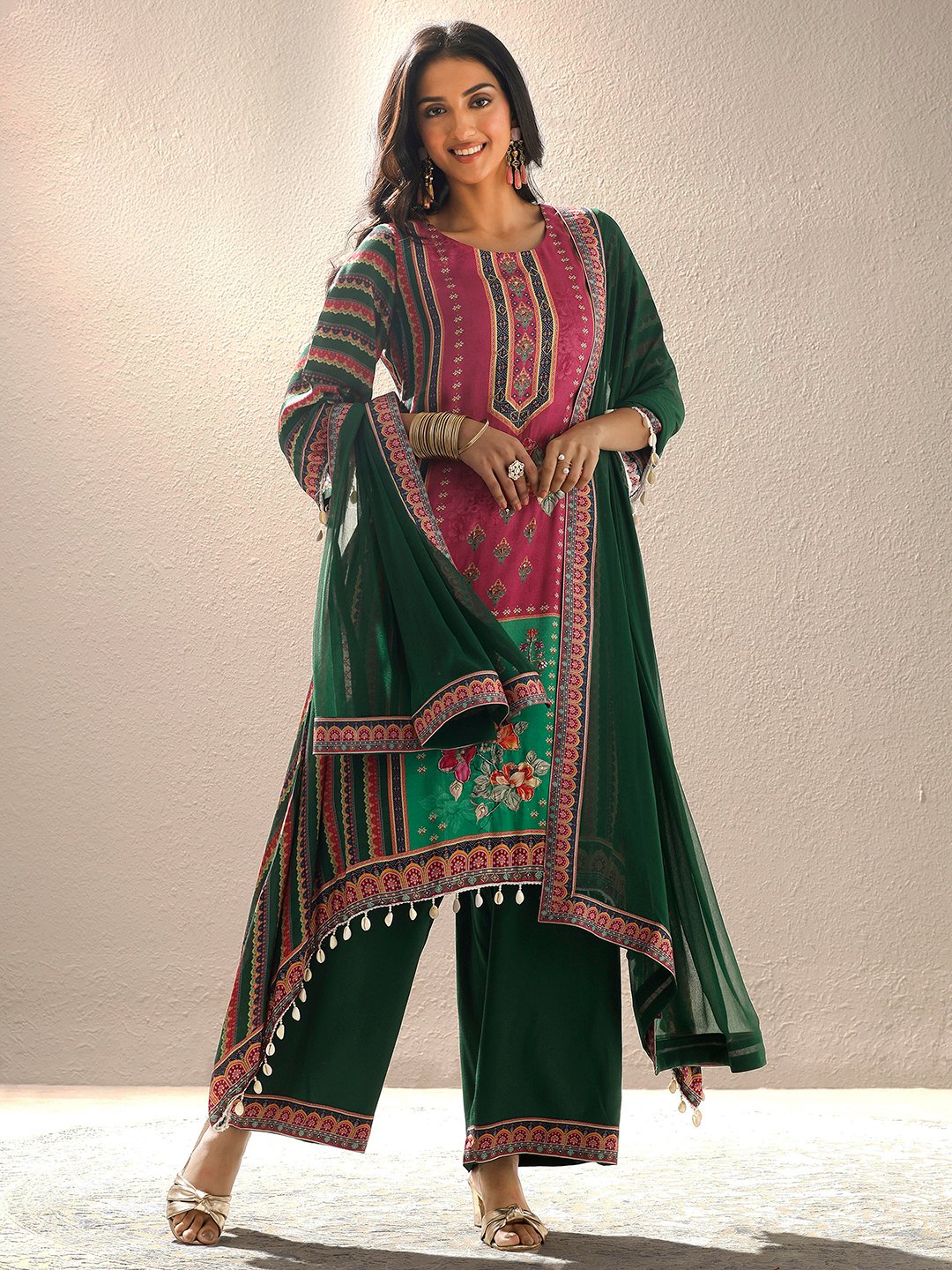 Printed Muslin Straight Kurta, Palazzos And Dupatta Set