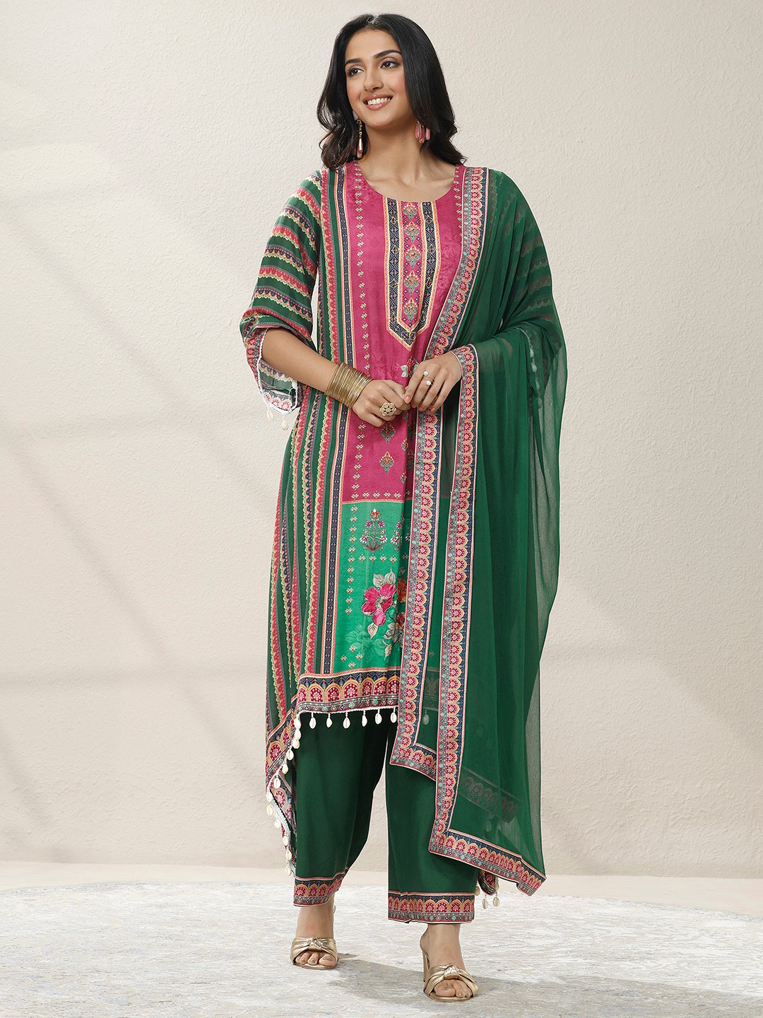 Printed Muslin Straight Kurta, Palazzos And Dupatta Set
