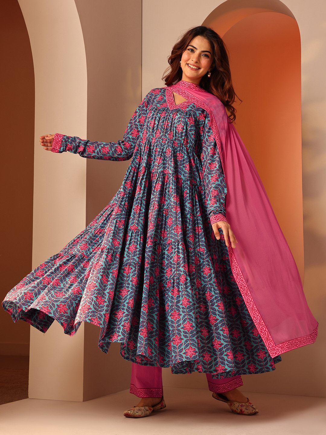 Printed Cotton Anarkali Kurta, Trousers And Dupatta Set