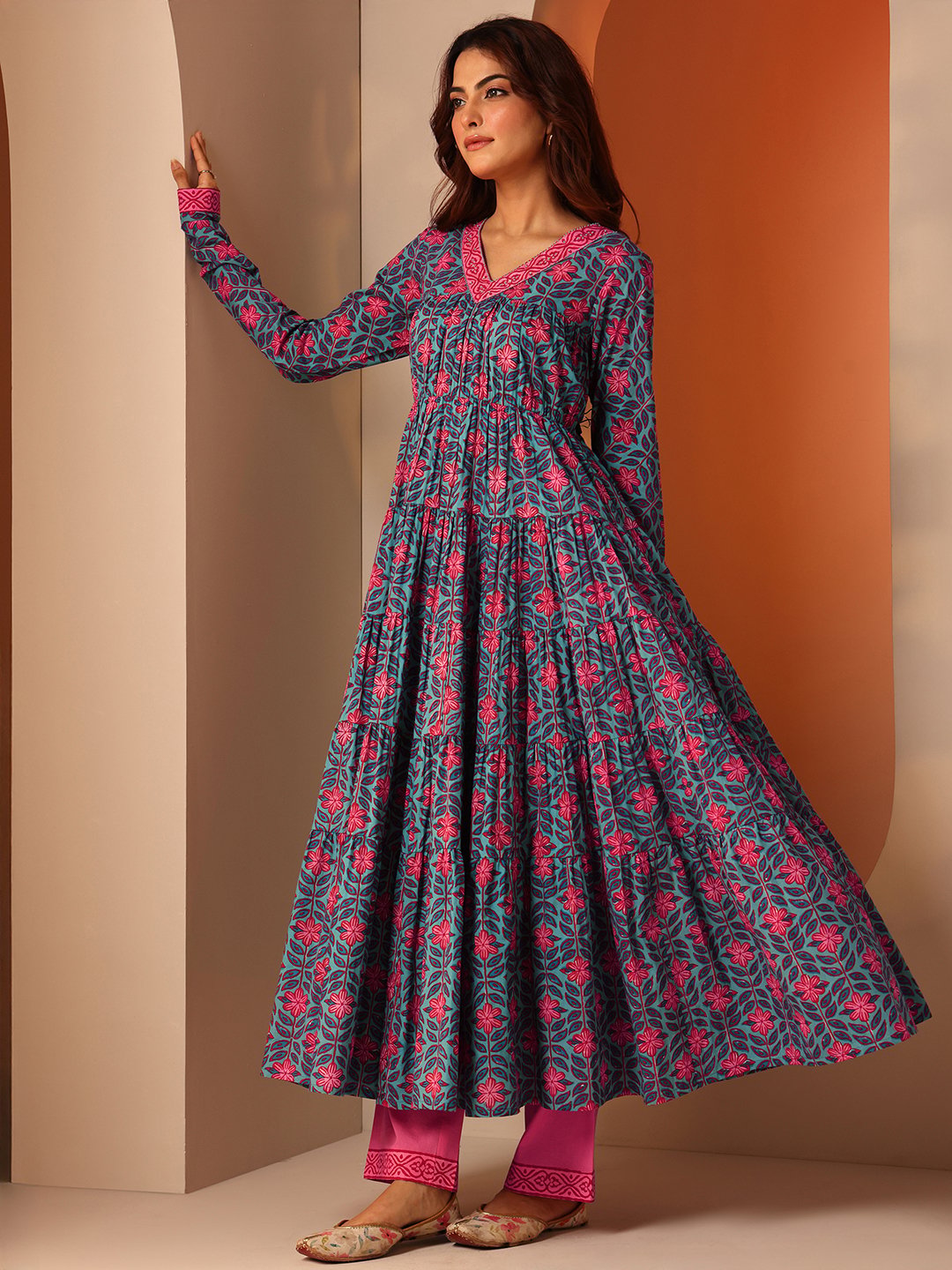 Printed Cotton Anarkali Kurta, Trousers And Dupatta Set