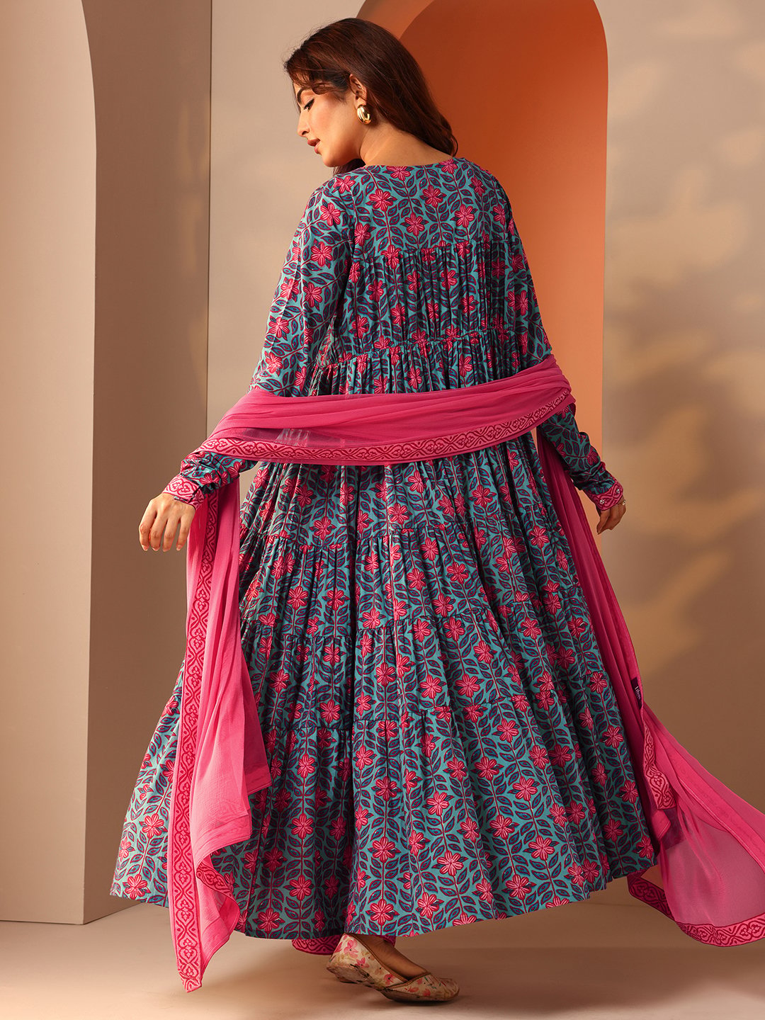 Printed Cotton Anarkali Kurta, Trousers And Dupatta Set