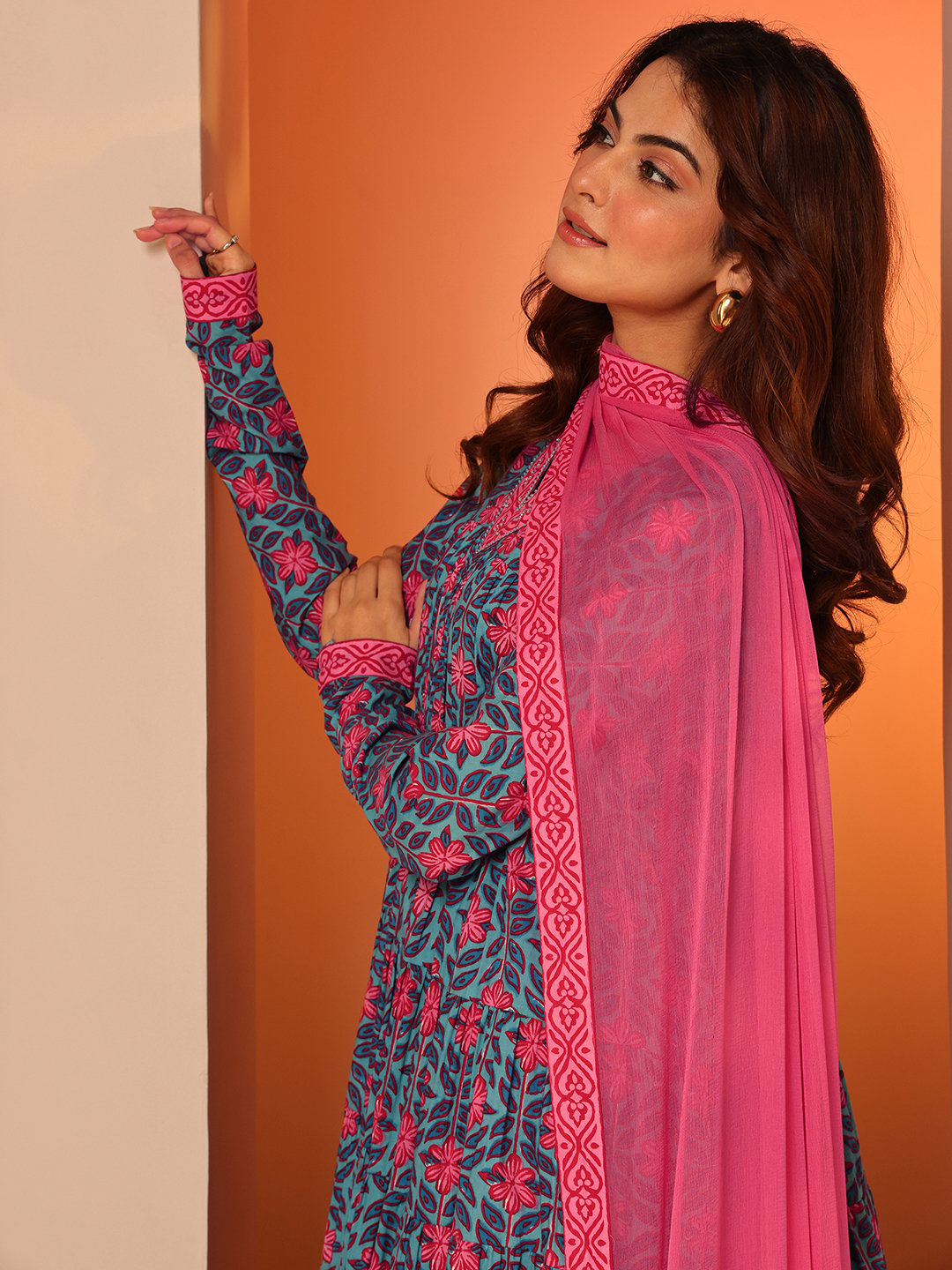 Printed Cotton Anarkali Kurta, Trousers And Dupatta Set