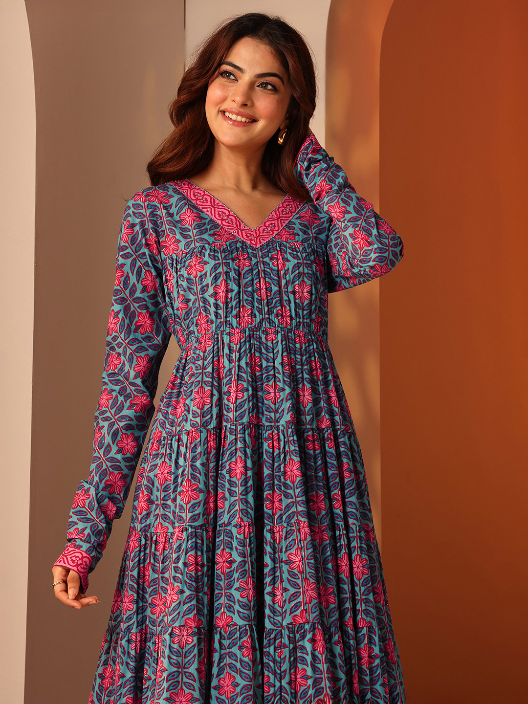 Printed Cotton Anarkali Kurta, Trousers And Dupatta Set