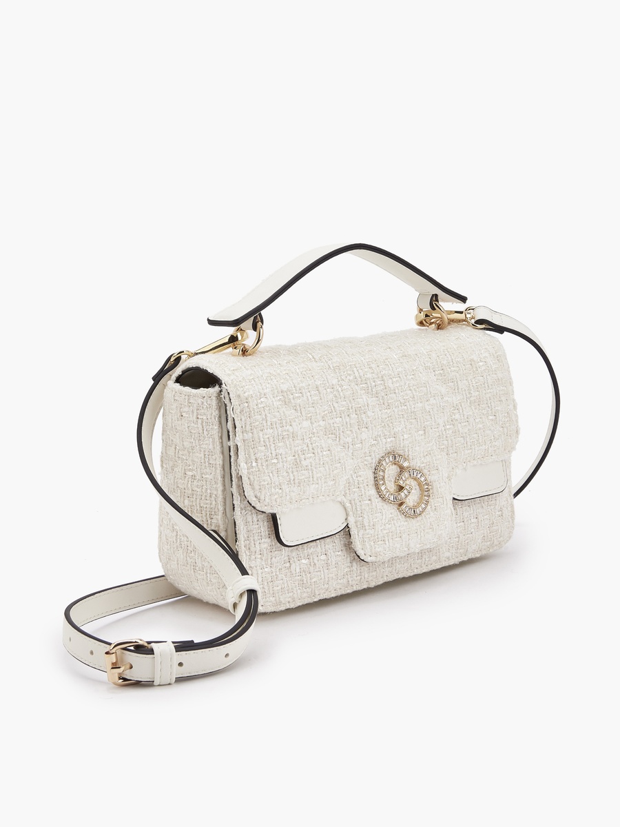 Tweed Textured Satchel Bag with Button Closure